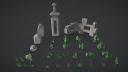 Ancient Ruins kit, ancient, ruins, grass, plants, set, rocks, pack, props, wheat, stylization, asset, game, pbr, low, poly, stone, free, sword, stylized, rock, environment