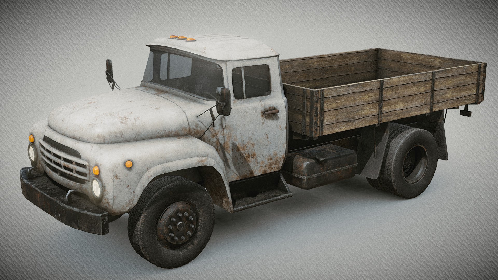 Soviet cargo truck inspired by the ZIL truck.

PBR textures in PNG format.

4k for the cabin adn cargo bed. 2k for the frame and wheels and 1k with alpha transparency for the glass.

Cabin, wheels, glass, frame and cargo bed are separate objects 3d model