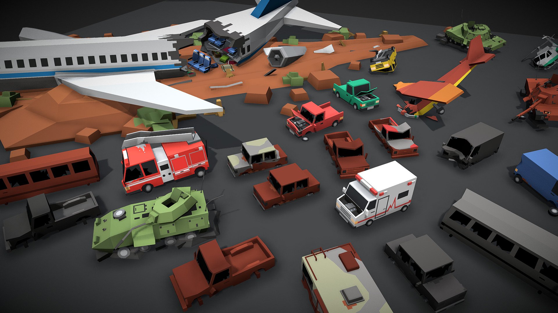 Simple Apocalypse - Damaged Vehicles. This awesome asset collection includes 38 assets for use in your project.

Our Simple series has a cuby low poly style look 3d model