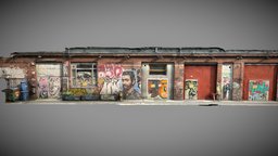Painted Hangar Walls brick, urban, painted, graffiti, realistic, facade, metashape, agisoft, asset, pbr, lowpoly, scan, building, street, gameready, environment, wall