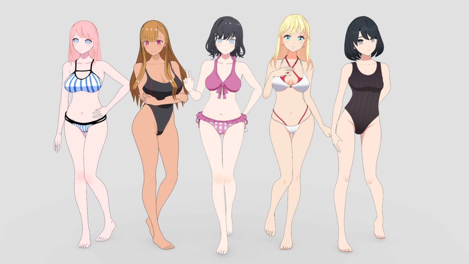Meet 5 bikini-clad 3D characters - Sakura, Aiko, Hana, Yuki, and Emi. Each model brings its own essence and charm, ready to enhance your creations. Bring life to your summer animations with these captivating characters.

Female Anime Student 3D Collection

All contains:




.blend (Blender source)

textures(2x bikinis)

rigged (auto rig pro)

On/Off outline material

Solo version:




Sakura

Aiko

Hana

Yuki

Emi

Rigged:





 - Summer Collection: 5 Anime Bikini 3D Characters - Buy Royalty Free 3D model by LessaB3D 3d model