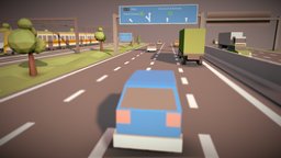 Low poly highway with train train, highway, road, blender-3d, low-poly-art, car