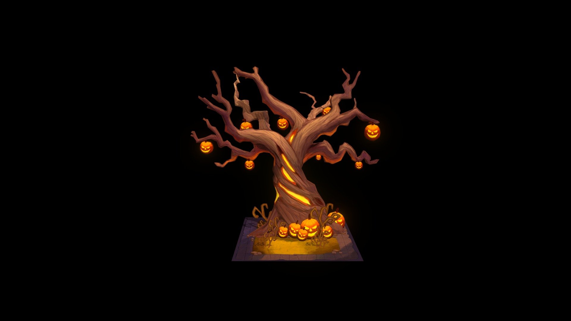 A mystical and enchanted tree, illuminated by the gentle glow of smiling pumpkins. Each twisted branch and carved pumpkin stands as a testament to the festive spirit of Halloween. Perfect for dark and mysterious settings or any corner in need of a magical and spooky touch 3d model