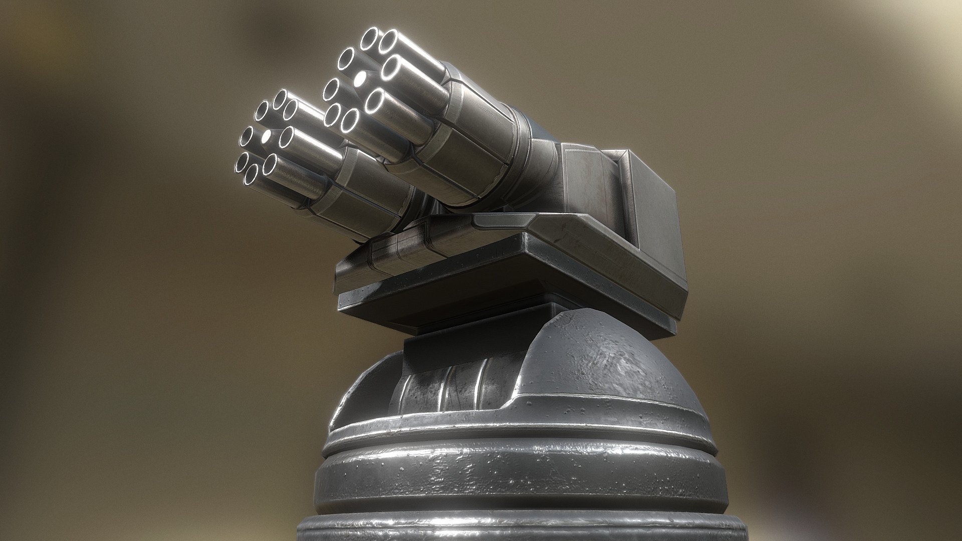 Here is an animated and futuristic gatling gun tower.  I have modeled and textured in in 3d-coat. The rig and the antimation I have done in Blender 2.77a 3d model