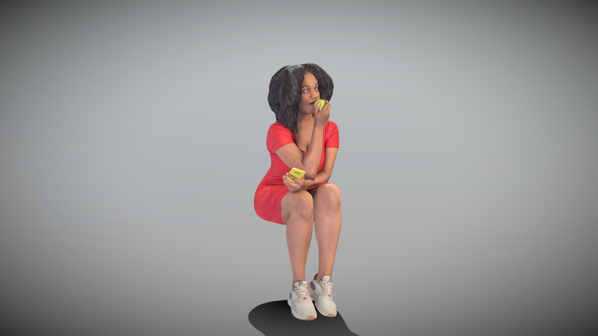 This is a true human size and detailed model of a beautiful young woman of African appearance dressed in casual style. The model is captured in casual pose to be perfectly matching for various architectural, product visualization as a background character within urban installations, city designs, outdoor design presentations, VR/AR content, etc.

Technical specifications:




digital double 3d scan model

150k &amp; 30k triangles | double triangulated

high-poly model (.ztl tool with 4-5 subdivisions) clean and retopologized automatically via ZRemesher

sufficiently clean

PBR textures 8K resolution: Diffuse, Normal, Specular maps

non-overlapping UV map

no extra plugins are required for this model

Download package includes a Cinema 4D project file with Redshift shader, OBJ, FBX, STL files, which are applicable for 3ds Max, Maya, Unreal Engine, Unity, Blender, etc. All the textures you will find in the “Tex” folder, included into the main archive.

3D EVERYTHING

Stand with Ukraine! - Young woman with apple 338 - Buy Royalty Free 3D model by deep3dstudio 3d model