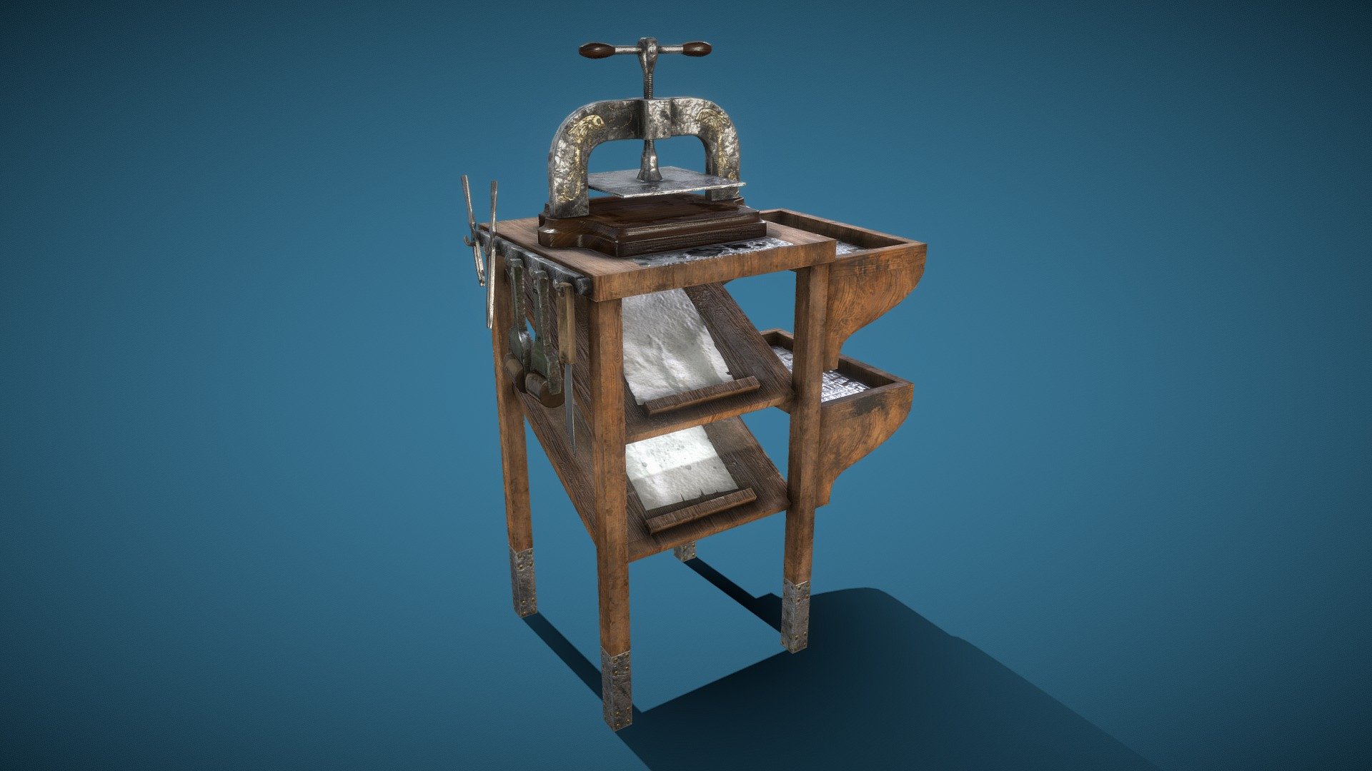 Custom-Order from ATLAS Server AquariusRP



**The wodden rack with the printingpress and the appropriate tools, paper and lead type is every good pirates friend - why?
Because being an informed captain while reading maps, stars and letters is extremely important! Be a clever Captain - use a printingpress!



4K Texture (4096x4096px)



LowPoly-Asset for Video &amp;/or Games



Made with: 3Ds Max, zBrush, Substance Painter, Photoshop - Fantasy Printing Press - Buy Royalty Free 3D model by MDSDesign 3d model