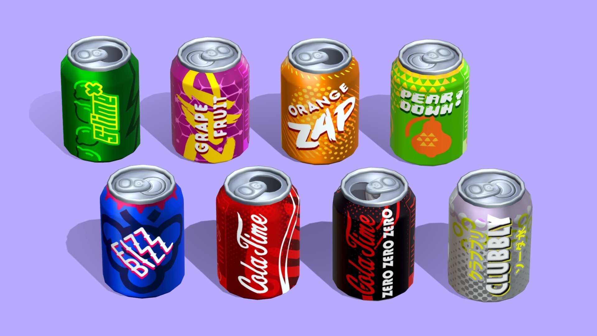 Low-poly stylized soda cans with 8 unique logo designs!




One model, 8 different labels to choose from: Cola, Cola Zero, Club Soda, Pear, Grapefruit, (S)lime, Orange and Berry Fizz

The soda can model can has a removable &ldquo;mouth