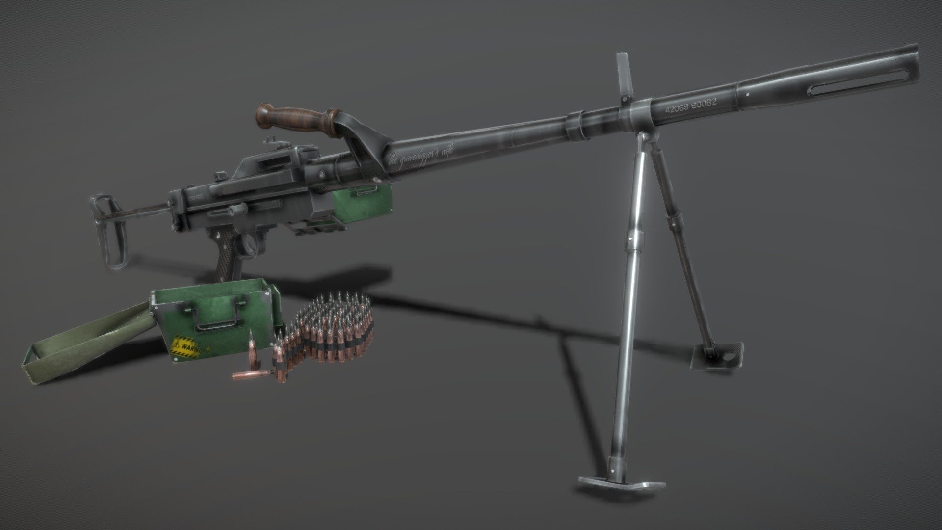 The TGW-52, French Machine gun in service since 1952

–   3D Model close to the original but partially reinterpreted
–   Proportions are partially respected compared to the original weapon
–   Optimised for Game engine (Tested on Unity 3D)
–   Some parts are separated from the main model for a better  3D animation usecase.

Made with Cinema 4D
Textured with ArmorPaint

//////////////// Model informations ////////////////
–   Points : 32504
–   Polygons : 39620
–   Objects: 23
One material made of 4 Textures (20482048 px) for all the model  (Albedo (base), Normal, Metal, Rough*) - TGW-52 : French Machine gun - 3D model by Gwenaël Hervé (@Gwenael_Herve) 3d model