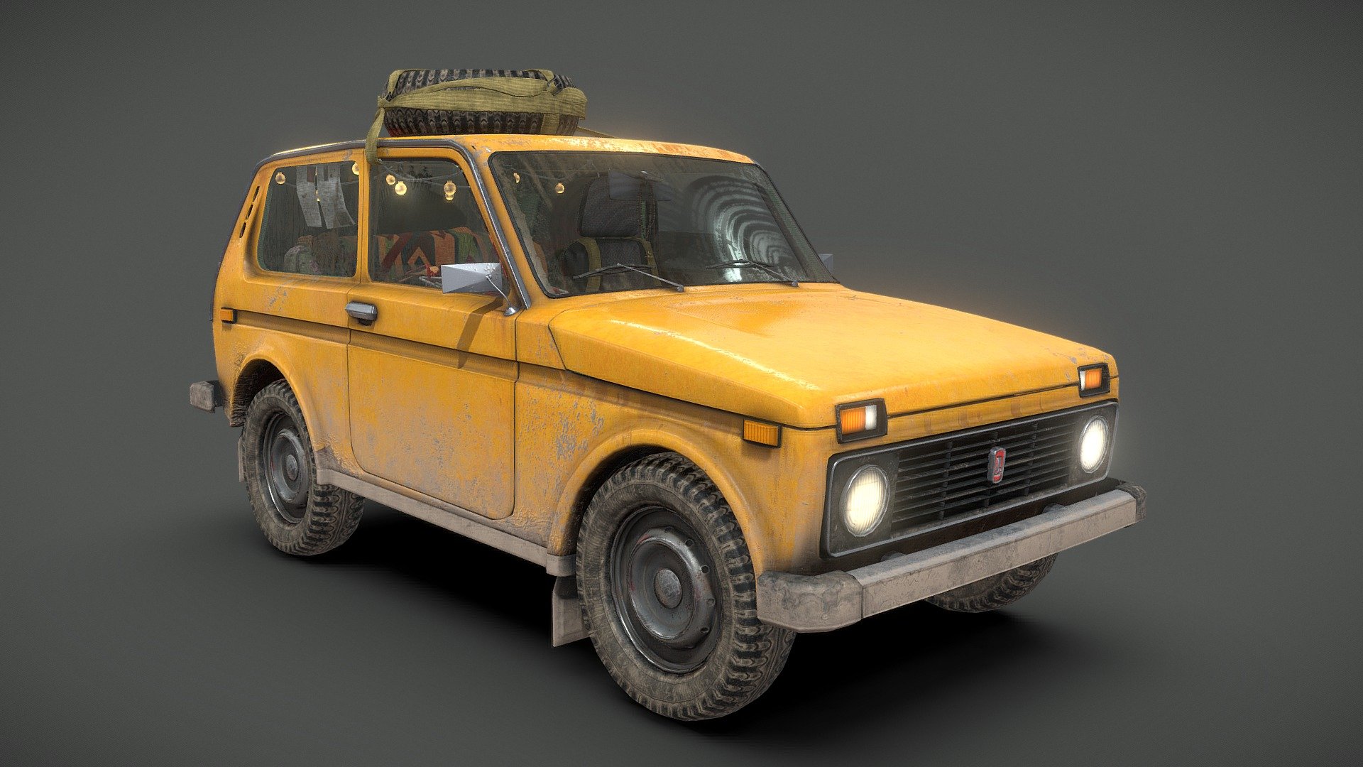 Someones (mostly) 1980's Lada Niva, I heard it was a Romanian woman last driving this during some sort of calamity, probably lived in it as well judging by the smell.

correct polyflow and topology, not completely retopologised and game ready, especially not the added interior props. Mostly an excersice in modeling, rendering and texturing. I have done so much retopoly over the past year I figgured I could skip it for once ;). It has some SCP related eastereggs in the car for fun 3d model