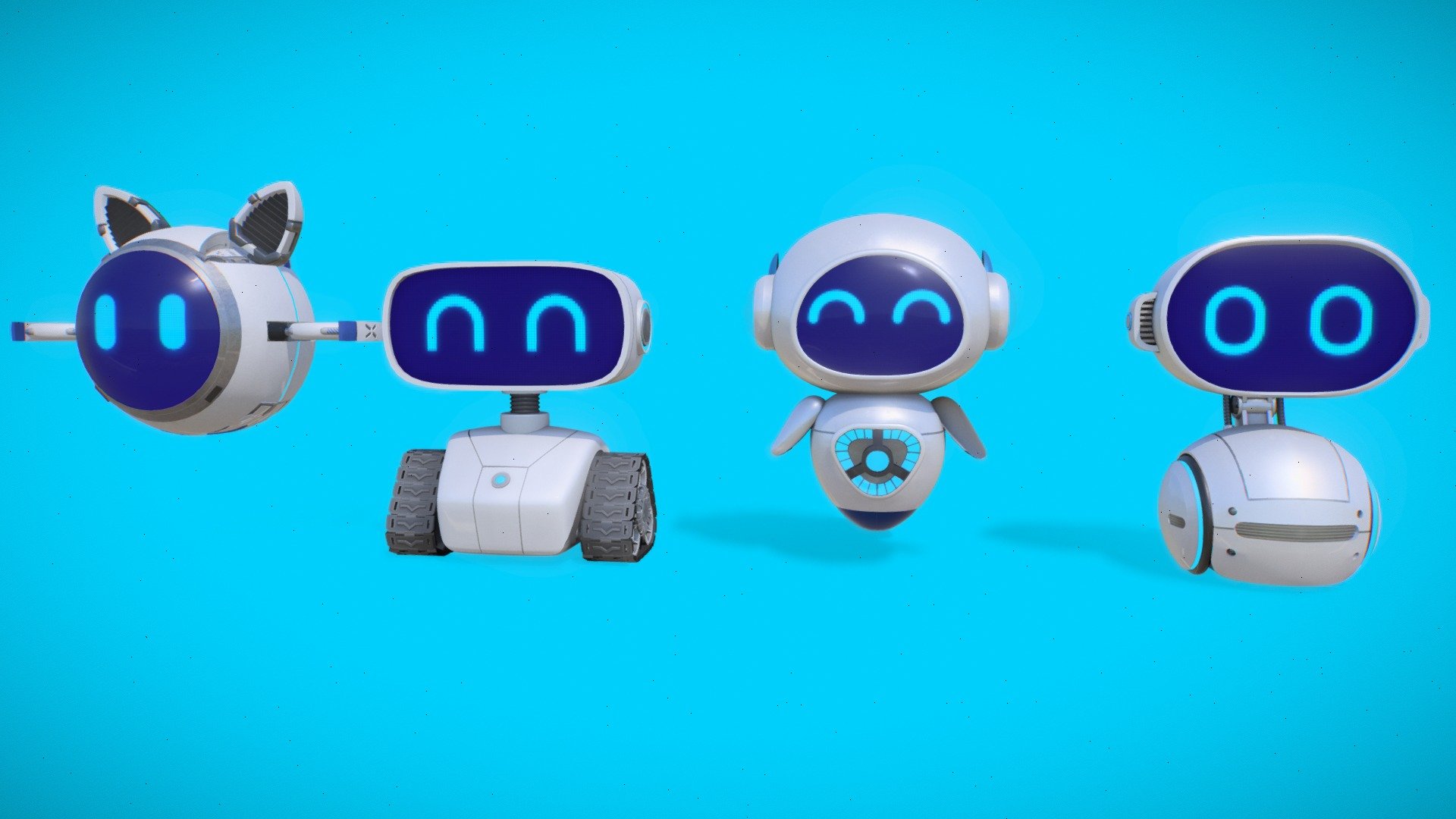 Cute set of robots, to be used in any project.
The UVs of the faces (eyes) are in a different texture, so you can edit easily, if you wish to add any other content.
Looping animation. The robots aren't rigged, they only have rotation and position keyframes.
4 textures for each of the robots, 2 eye textures, and 1 normal map 3d model