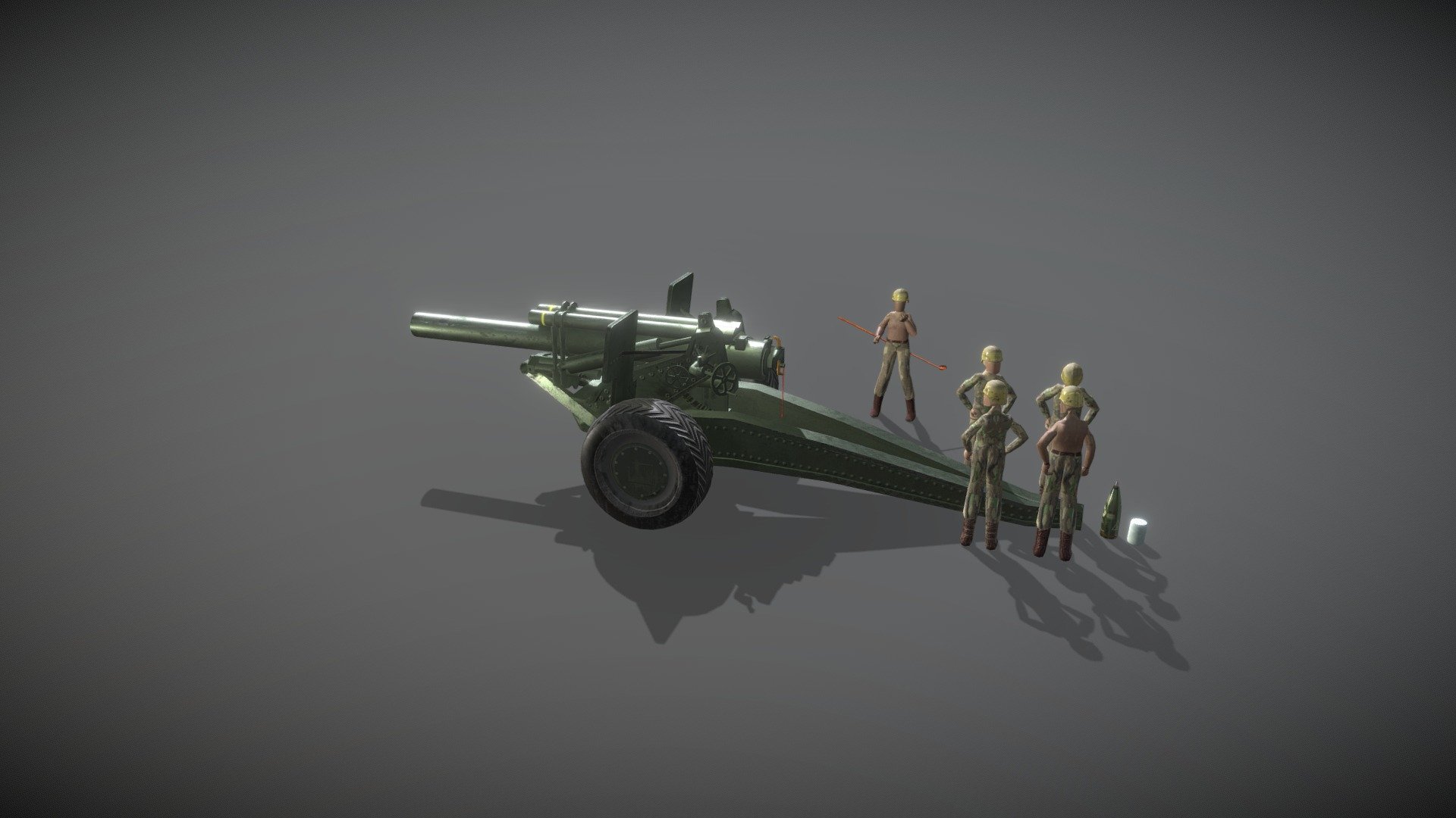 Try to use animation to demostrate the entire progress of firing one round of M114 Howitzer 
I model the cannon ,rig the character and did all animation and texturing 
the model of character is royal free assets from internet - M114 howitzer in action - 3D model by Ryan.Qin 3d model