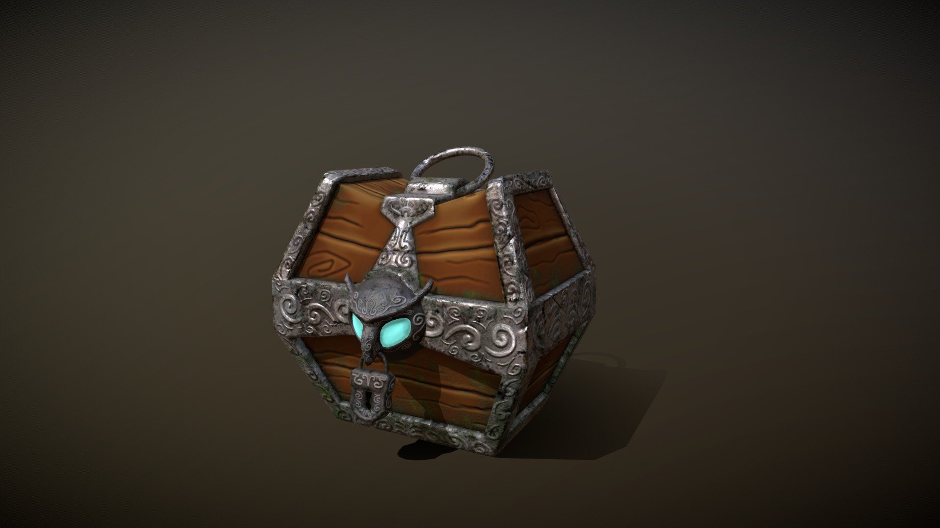 Wooden hand painted stylized treasure chest with steel owl and lock. Game-ready container in fantasy cartoon style made of wood and steel with owl head decoration. 
Model comes with 4K PNG textures of Color, Roughnes, Metallic, Normal map and Emission (eyes) 3d model