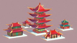 Low Poly Chinese Houses, vertex painted toon, assets, houses, asia, asian, chinese, isometric, vertex-paint, vertex-color, sketchfabweeklychallenge, architecture, asset, game, lowpoly, house, stylized, simple, village, temple, japanese, asian-houses