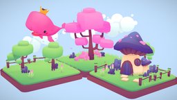 Fantastic Environment lowpoly tree, fence, green, gate, grass, land, flower, clouds, flowers, cloud, crown, pink, whale, museum, mushroomhouse, bubles, cartoon, asset, game, 3d, blender, house, stylized, bridge, bubly