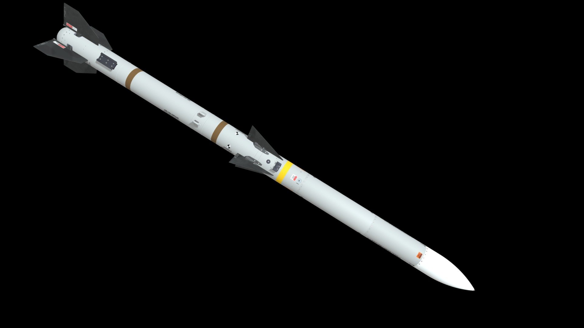 The AIM-120 Advanced Medium-Range Air-to-Air Missile, or AMRAAM (pronounced AM-ram), is an American beyond-visual-range air-to-air missile (BVRAAM) capable of all-weather day-and-night operations. Designed with a 7-inch (180 mm) diameter, and employing active transmit-receive radar guidance instead of semi-active receive-only radar guidance, it has the advantage of being a fire-and-forget weapon when compared to the previous generation Sparrow missiles. When an AMRAAM missile is launched, NATO pilots use the brevity code Fox Three
(Wikipedia) - AIM-120 AMRAAM - 3D model by Edgar Brito (@e.brito) 3d model