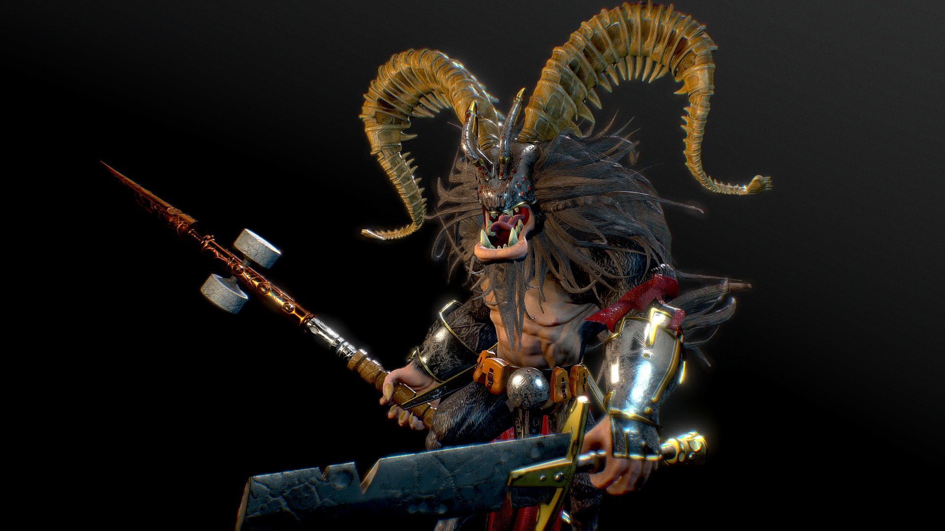 This project is roughly 4 weeks in the making and is by far the most fun I've been with modeling a character. I modeled this in Zbrush and modeled the props and weapons in Maya. Hair was a bit of a challenge but I was inclined to keep it simple. I textured Ram Warrior in Substance Painter and posed him in Zbrush using ZSpheres. My original renders are from Marmoset 3d model