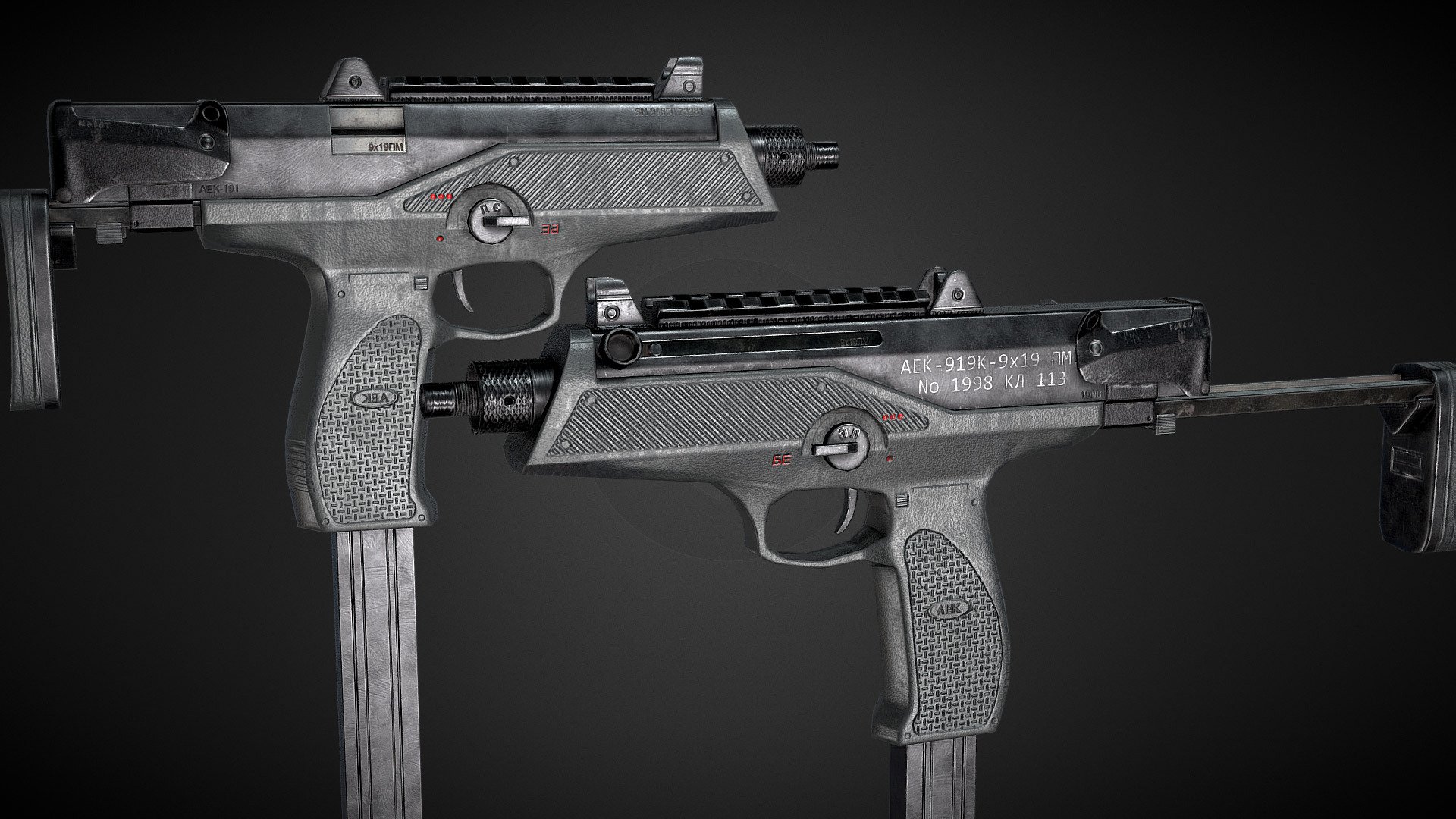 The AEK-919 SMG Optimized for mobile/Standalone VR applications with a polycount of 1882Tris

The version to the right has a single 1024x1024 texture while the Left is the 4096x4096 Version. The 1024x1024 version suffers a little bit due to sketchfab texture compression but should look cleaner in your target engine if compression quality is set to high or none.

For correct rotations in Unity engine you might need to tick the “Bake axis conversion” import option when importing the FBX.

An additional 128x128 texture set is used for the 9x19mm Bullets inside the weapon on the right version while the left one uses a 1024x1024 texture for the bullet 3d model