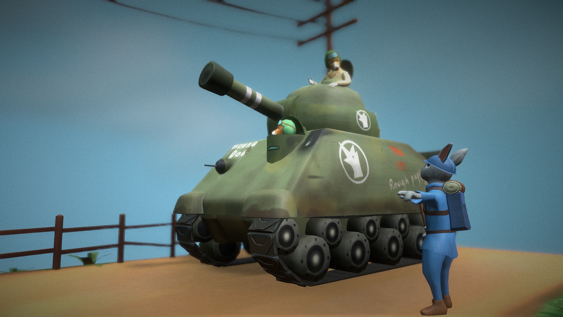 The scene is centered around the tank. Everything else was just me going, hey! I could totally make a thing out of this.

Story:

The dogs ask their allies the rabbits about what's up ahead of the road. The rabbit points 3d model