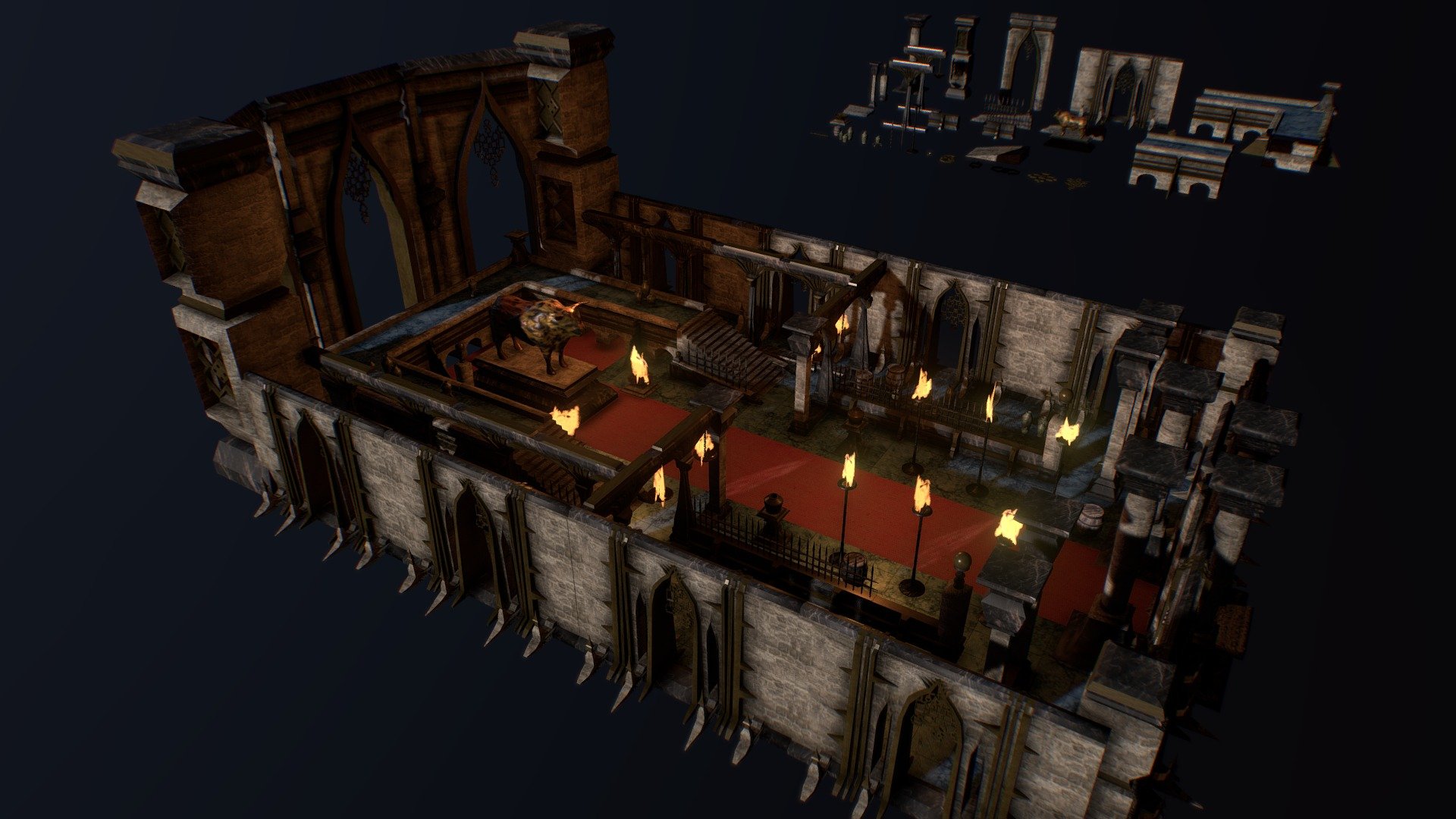 Dungeon kitbash set for artwork, game creation and for environment project

This Purchase includes:




6 baked textured small assets for decoration ( barrel, plates, iron rods and vases )

27 architecture parts whit 4 tileable material channel , stone, marble, gold and floor 

All the assets parts are lowpoly and game ready, tested out in Unreal Engine 4

https://www.youtube.com/watch?v=6JToLS5eC7k&amp;t=26s

Attention! The fire and water is not included, the video only shows the recommended material types.

The model is  optimized for real-time engines and for cg rendering! - Taur Dungeon Kitbash Set - Buy Royalty Free 3D model by Vanitas Unhuman (@benmonor) 3d model