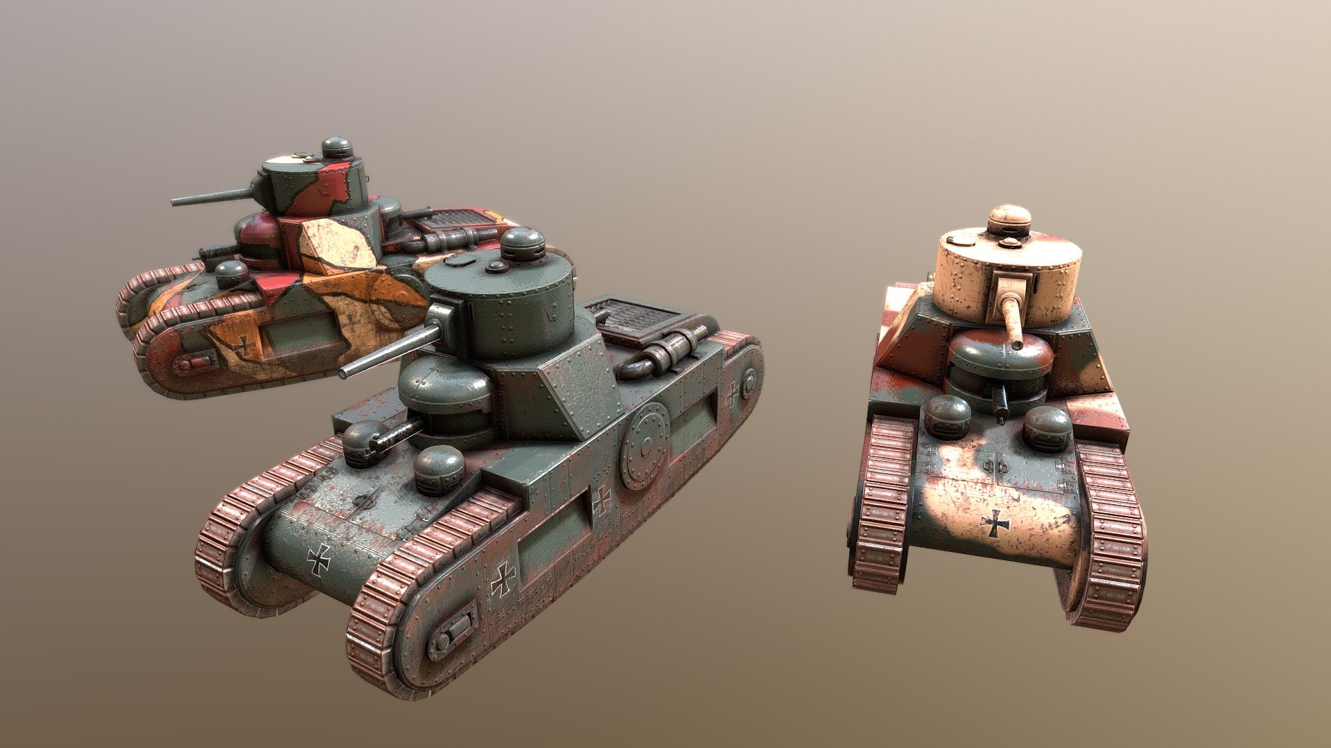 Tank based on a never-completed WWI German design. Designed with an RTS in mind, to be used as part of a pitch for a game concept.

Armed with a 47mm cannon and two MG-08 machine guns in front and rear casemates.

Follow me on Twitter, Tumblr and Artstation - Sturmpanzerwagen - 3D model by henskelion 3d model