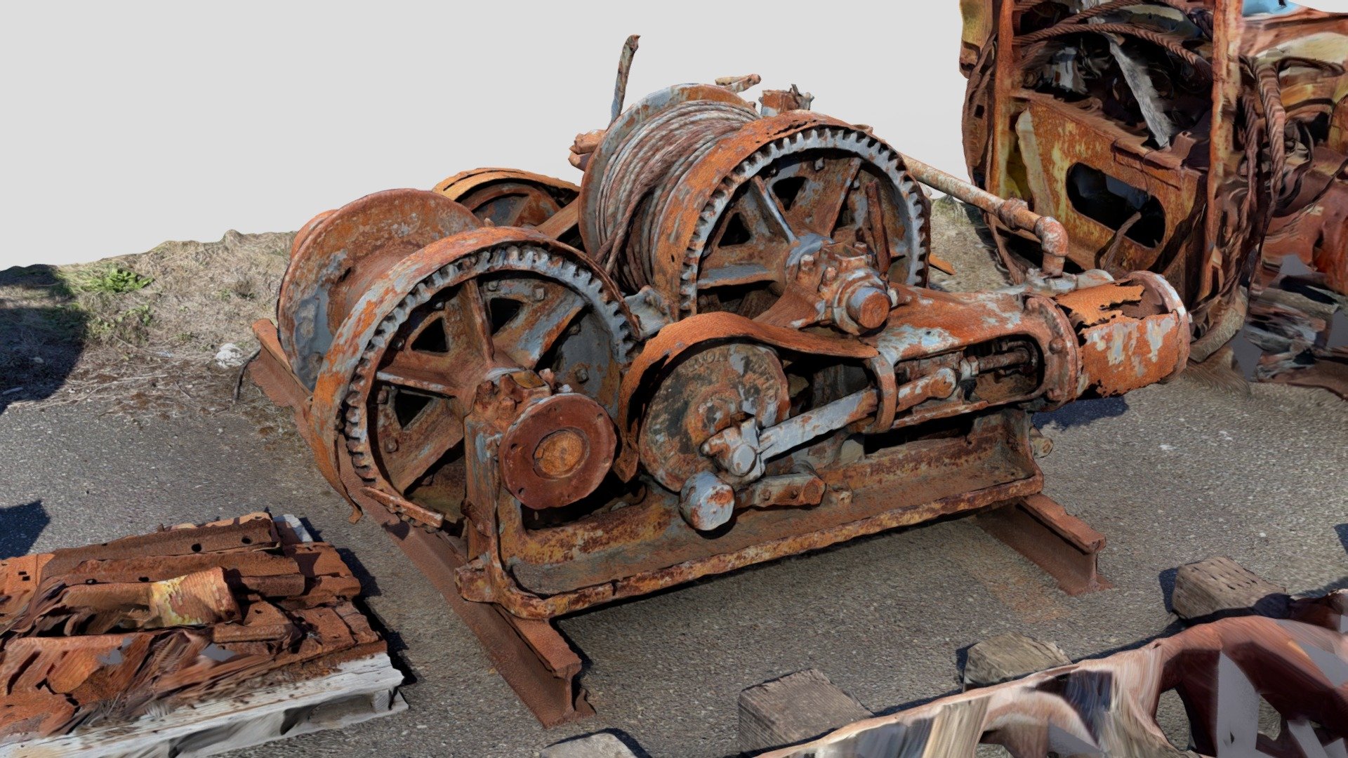 An old steam winch at the Timber Heritage Association shops complex and museum in Samoa, California. Created with Polycam on an iPhone 12 Pro Max 3d model