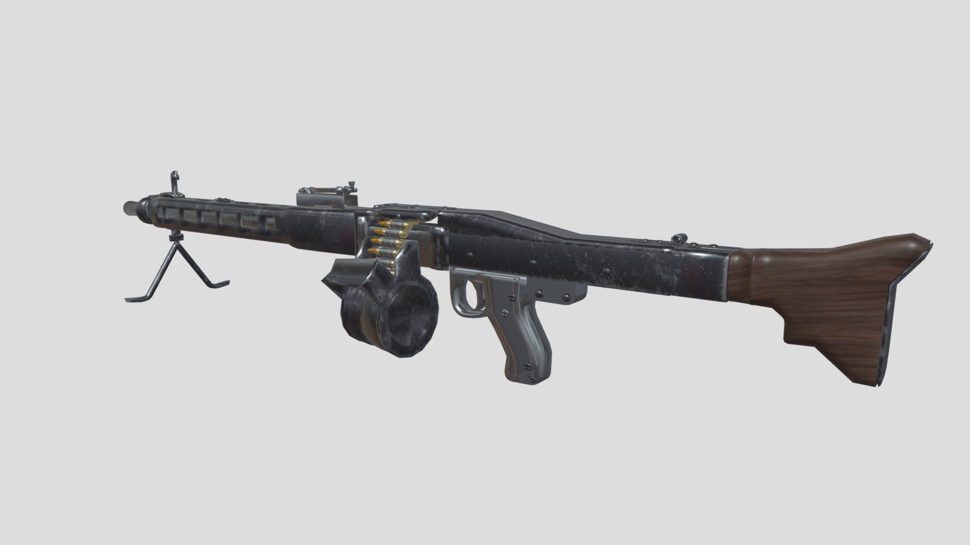 3d model of a Mg3 Machine Gun. Perfect for games, scenes or renders.

Model is correctly divided into main parts. All main parts are presented as separate parts therefore materials of objects are easy to be modified or removed and standard parts are easy to be replaced.

TEXTURES: Models includes high textures with maps: Base Color (.png) Height (.png) Metallic (.png) Normal (.png) Roughness (.png)

FORMATS: .obj .dae .stl .blend .fbx .3ds

GENERAL: Easy editable. Model is fully textured.

Vertices: 18.8k Polygons: 18.5k

All formats have been tested and work correctly.

Some files may need textures or materials adjusted or added depending on the program they are imported into 3d model