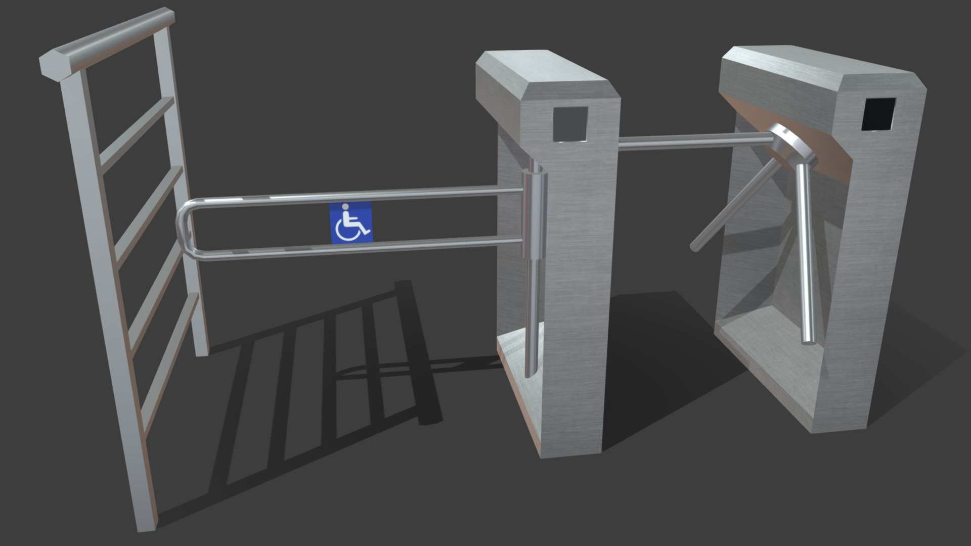 More assets I’ve made to complement a bigger model, these are two turnstiles I made for one of my stadium models. However, here they’re improved and rectified.

A standard tripod turnstile for pedestrians and another one for wheelchair.

Materials and low resolution textures only 3d model