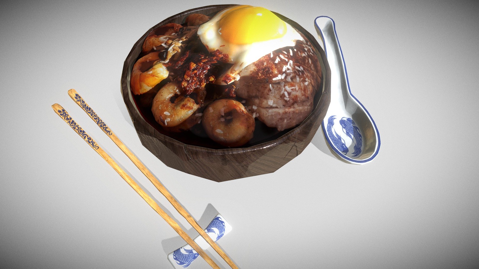 So this is a little experiment I've been contemplating on, inspired by the food assets in Monster Hunter and Final Fantasy 15.
I took photographs of an actual meal I cooked, and spliced them in Substance Painter with a few models I specially built from reference.

Nasi Lemak is a traditional Indonesian/Malaysian dish, consisting of spiced rice, coconut milk/shavings, a portion of meat (chicken) and fresh prawns, sometimes accompanied by a fried egg.

The hardest part was translating the lighting from Substance Painter to Unreal Engine, and I have recreated it as best as I can here in sketchfab.
To see the thing in Unreal and in motion, please visit my artstation:

https://www.artstation.com/benjaminnixon - Nasi Lemak (3D Food Asset) - 3D model by XeoXonin 3d model