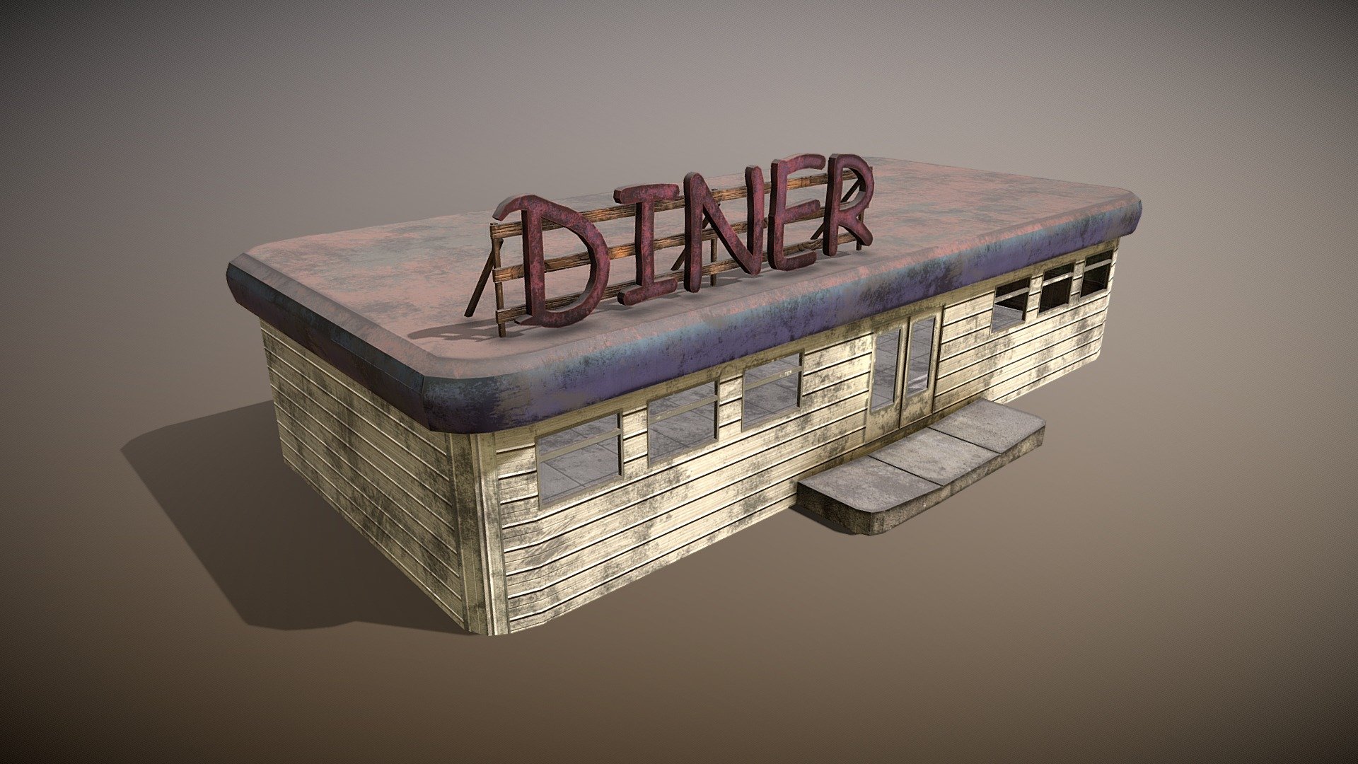4096 pbr material with Dx normalmap, extra zip with objects set on pivot so it is easy to set out, doors made so they can be interacted with, pivot on the side.. sign is also loose in the extra zip so you may change the sign with something of your own if you want to reuse the diner mesh.
material could prob go down to 2048 and still look good.I did not put in windows this time so you may use custom plane with custom material. 3d model