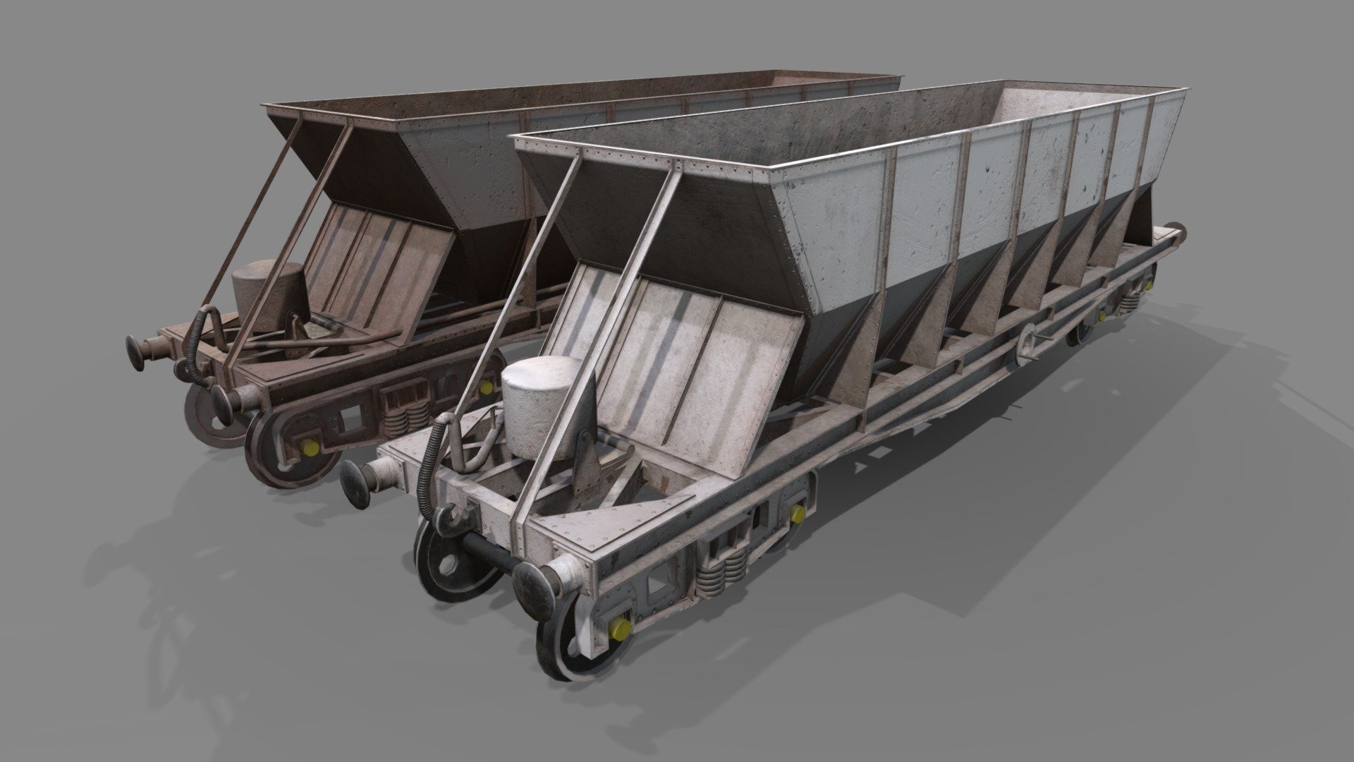 Double bogie hopper (game ready)

8900 polys, 12240 verts, 21000 tris.

Hopper body PBR texture 4096x4096 non overlapping, Bogies and wheels 2048x2048 over lapping. Alternate basecolour texture.
Wheels and bogies seperate entities with correct origins - Double bogie hopper - Buy Royalty Free 3D model by pasquill 3d model