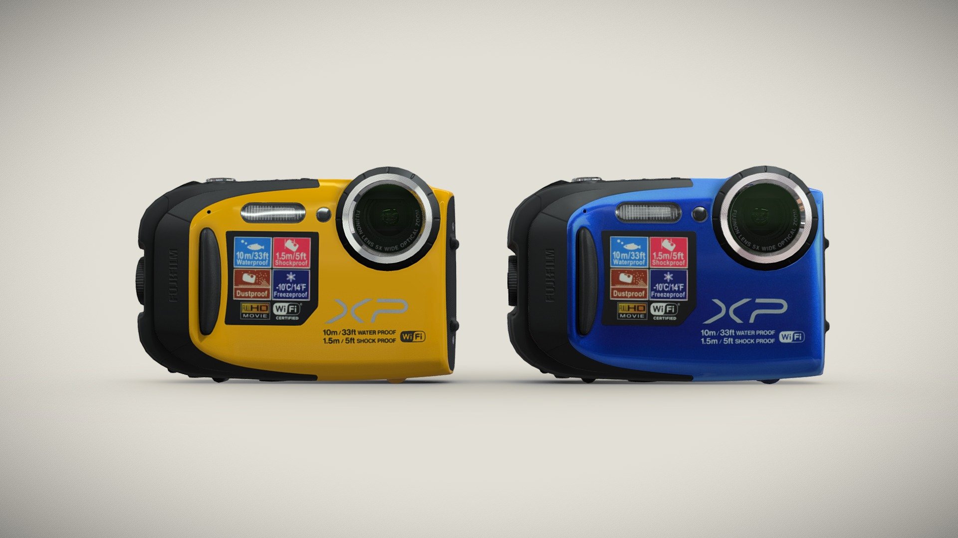 •   Let me present to you high-quality low-poly 3D model Fujifilm FinePix XP70. Model is presented in two colors: Blue and Yellow. Modeling was made with ortho-photos of real camera that is why all details of design are recreated most authentically.

•    This model consists of two meshes, it is low-polygonal and it has only two materials (Body and Glass of Lens).

•   The total of the main textures is 5. Resolution of all textures is 4096 pixels square aspect ratio in .png format. Also there is original texture file .PSD format in separate archive.

•   Polygon count of the model is – 4855.

•   The model has correct dimensions in real-world scale. All parts grouped and named correctly.

•   To use the model in other 3D programs there are scenes saved in formats .fbx, .obj, .DAE, .max (2010 version).

Note: If you see some artifacts on the textures, it means compression works in the Viewer. We recommend setting HD quality for textures. But anyway, original textures have no artifacts 3d model