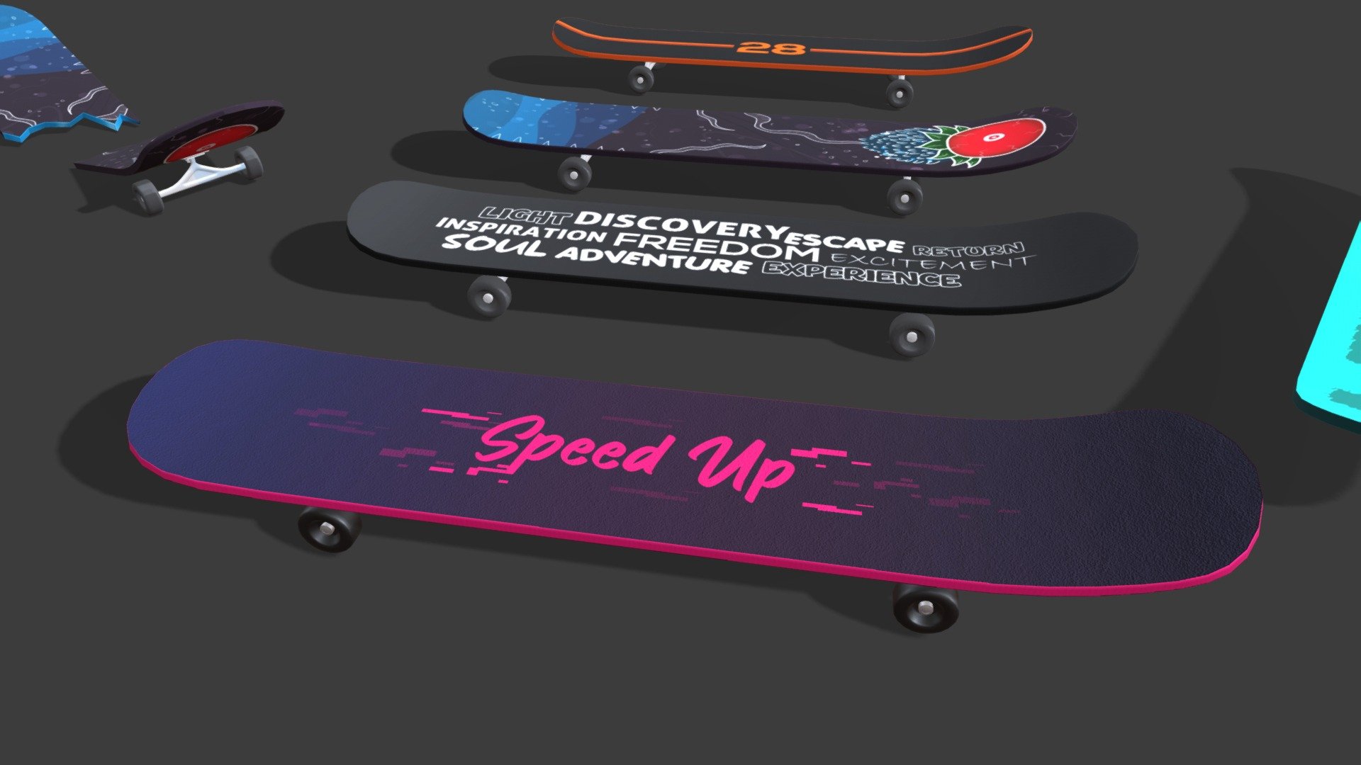 3D lowpoly Skateboard model with Breakable parts (can break into 2 pieces, Brekable mesh included too).Best fit for sports travel related projects, videos and games.Can use this pack commercially.




Lowpoly model

Breakable and Non-breakable meshes included

Unwrapped

Arranged pivots for easy rig and animation

5 Texture variation (Same texture for Breakable and Non-breakable meshes)

2K PBR textures (Base, Normal, Metallic, Roughness : PNG format, zip file included)

About Me : &ldquo;SR Studios Kerala