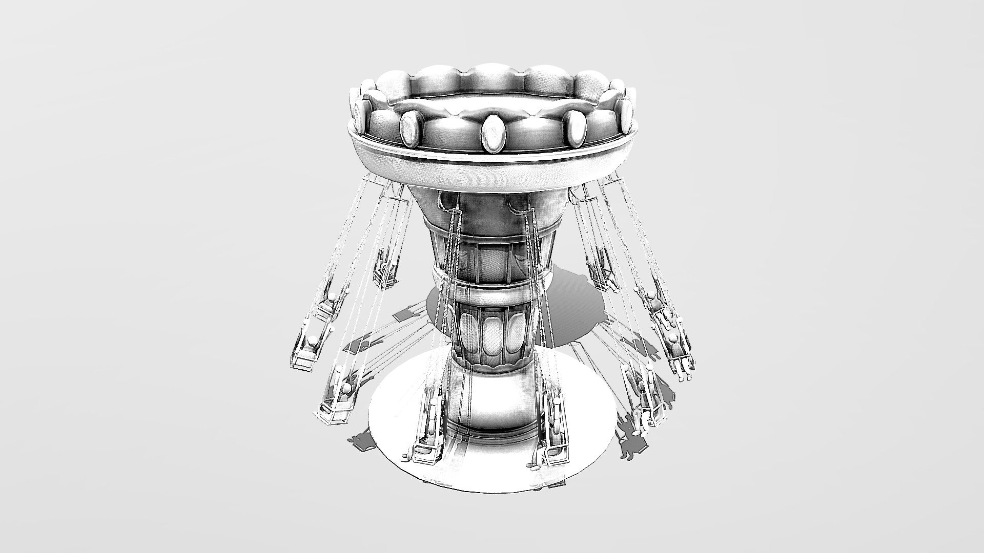 Somewhat reminiscent of one of the amusement park rides in a childhood game I played called Rollercoaster Tycoon. That was a fun game and I had good memories from it. :)

Theme: Ride

Day 28 of 3DInktober2019

Sculpted in ZBrush and using a free chain brush for the chairs, found on Badking.com.au:

https://www.badking.com.au/site/shop/industrial-custom-brushes/chain-brush/

The ZRemesh feature worked surprisingly well at preserving the overall structure of the chain meshes :p - Swing Ride - Day 28 #3DInktober2019-Ride - Download Free 3D model by MMKH 3d model