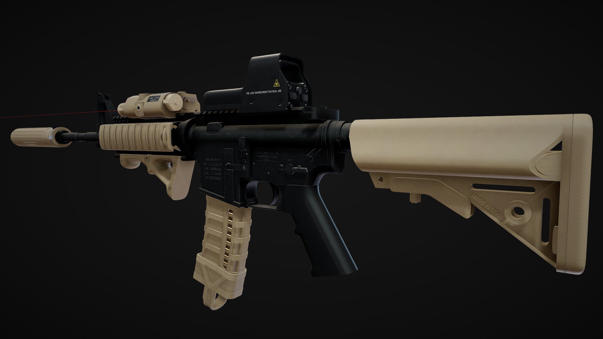 The M4 carbine is a 5.56×45mm NATO, gas-operated, magazine-fed, carbine developed in the United States during the 1980s. It is a shortened version of the M16A2 assault rifle.

The M4 is extensively used by the United States Armed Forces, with decisions to largely replace the M16 rifle in United States Army (starting 2010) and United States Marine Corps (USMC) (starting 2016) combat units as the primary infantry weapon and service rifle. The M4 has been adopted by over 60 countries worldwide, and has been described as &ldquo;one of the defining firearms of the 21st century