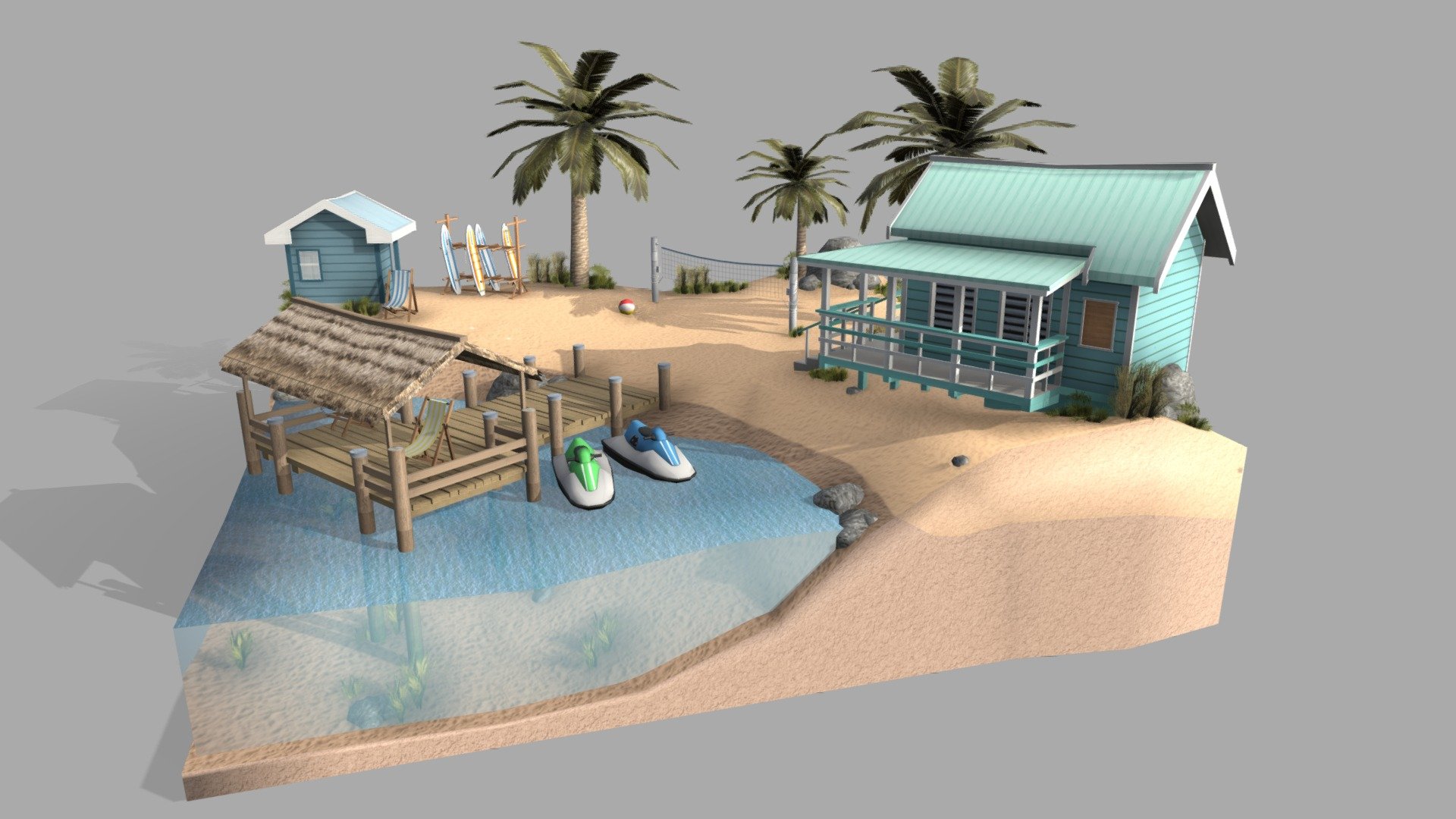 This scene was made for the end assignment of 3D1 in DAE Howest. The seaside theme was chosen and shows part of a tropical resort, there is a house up for hire where people can stay during their visit. Surfboards and jetski are also available, information is found within the smaller blue building next to the boardsrack. 
Ther is of course a beach volleyball net that is available to guests free of charge. 
People can also relax in the chairs found on the bridge that goes over the shallow clear water, but do be careful there are creatures found within the water 3d model