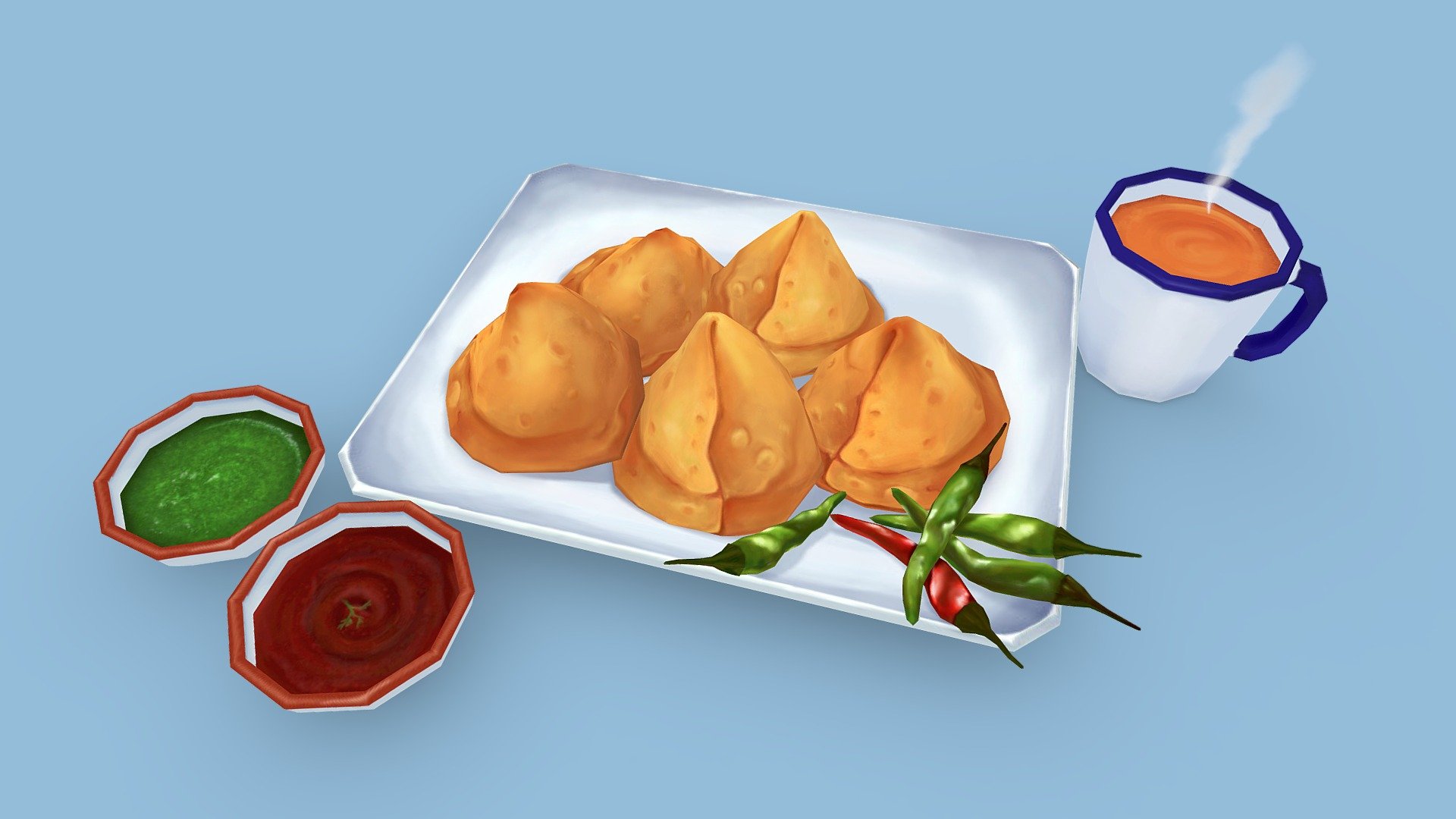 Samosas are one of my favorite things to eat and I wanted to make a hand painted 3D low poly version of it! This was modeled and unwrapped in Maya and textured in Substance Painter and Photoshop. :D - Hand Painted Samosas - 3D model by PallaviMaruvada 3d model
