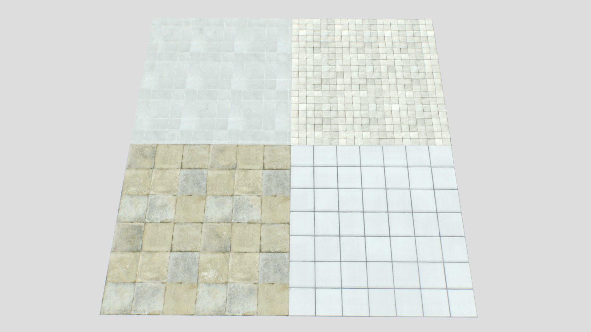 4 different seamless PBR textures.

4096x4096px size with Albedo, Normal, Displacement, Roughness, Metalness, AO. PNG seamless textures.

Suitable for kitchens, bathrooms, living rooms, basements, courtyards, etc&hellip; - Wall and Floor Tiles Textures pack 1 - Buy Royalty Free 3D model by 32cm 3d model