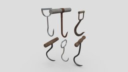 Meat Hook Pack grip, fish, rust, hanging, vintage, rusty, melee, antique, ready, hay, handle, tool, old, iron, butcher, flesh, carcass, carry, hang, meleeweapon, slaughterhouse, weapon, game, low, poly, wood, shop, horror, steel, slaughter, boning, acute
