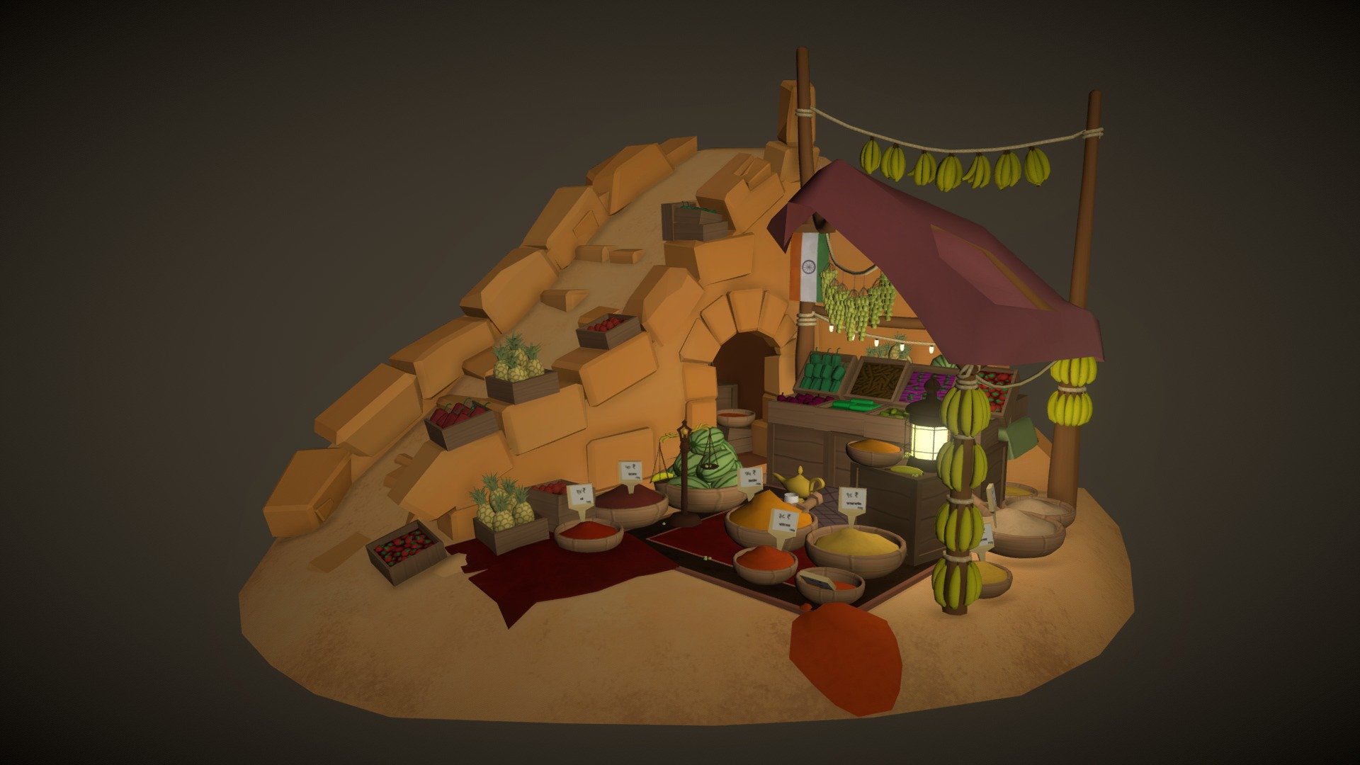 Poor Indian farmer's market, made for DAE @ Howest final project.  (11/20)

Handpainted using photoshop, modeled in maya on a 1024x1024 atlas map.

Albion Online style, set on a summer evening in the 1001 nights theme (India) - Farmer's market - Bazaar - Download Free 3D model by Louis Vanhove (@louisvanhove) 3d model