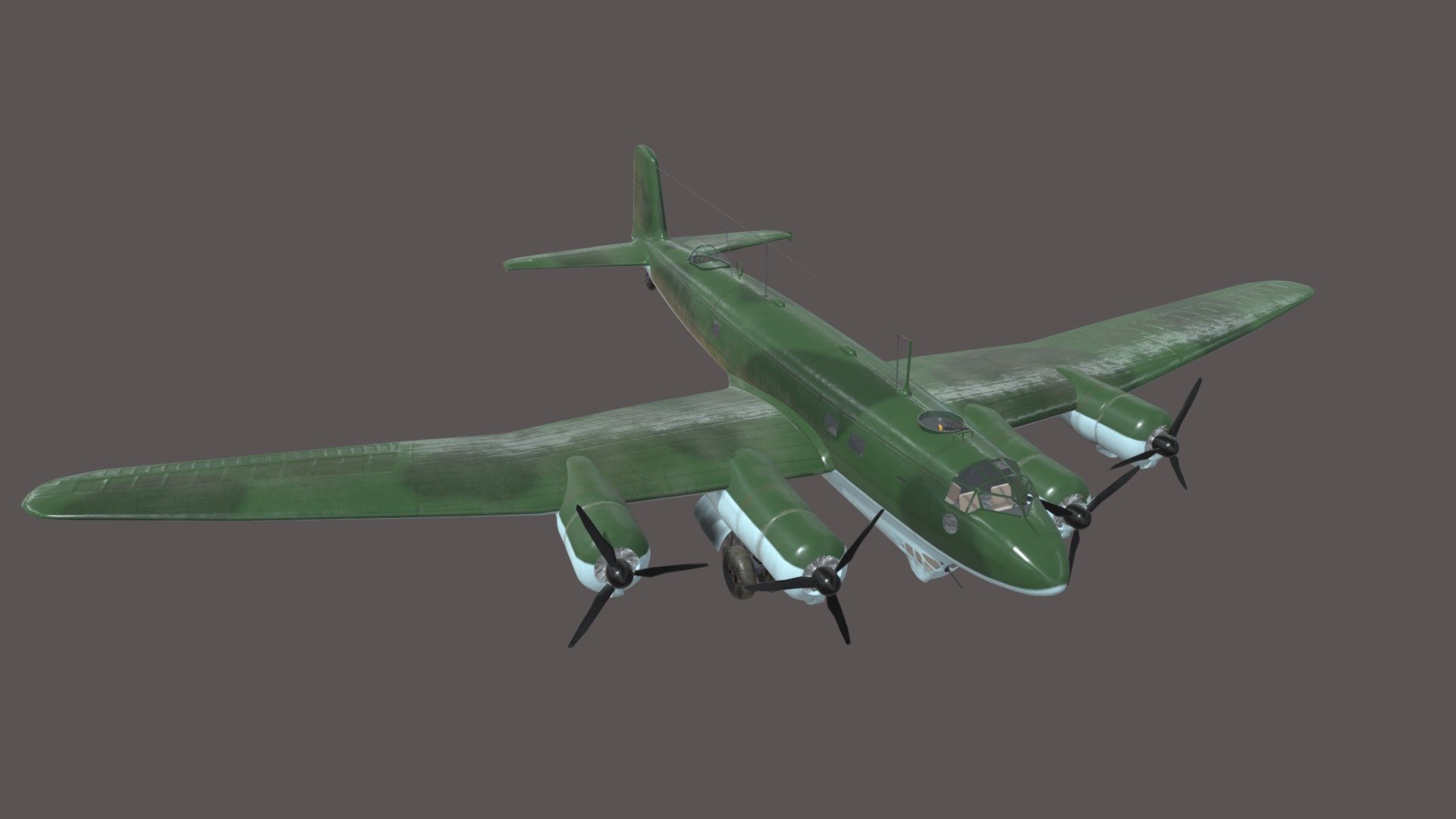 Focke-Wulf FW 200 Condor 

This is a midpoly bomber aircraft model without interior. 
If you don't connect the alpha texture, all windows will acquire a lightblue shade.

P.S. If you see a mess after import in Blender, you need to change blend mode to opaque in EEVEE material properties then change render engine to Cycles.

Used programs: Blender+Substance Painter
Dimension: 2k PBR textures
Verts: 39k
Faces: 34k - Airplane The Focke-Wulf FW 200 Condor - Buy Royalty Free 3D model by vittallen 3d model