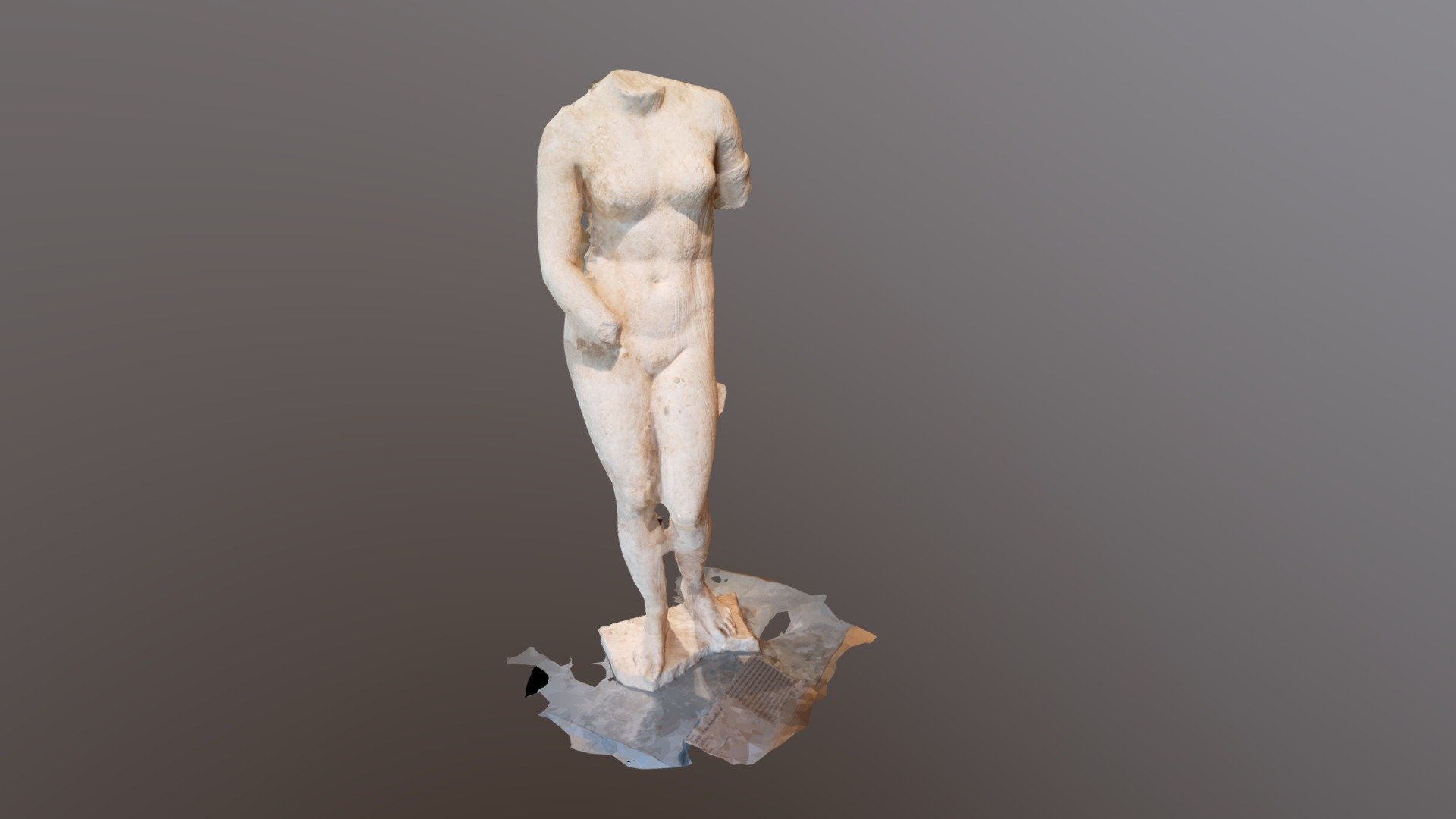 Photogrammetric reconstruction from the Art Institute of Chicago
&ldquo;This sculpture replicates the most famous Greek sculpture of a goddess, the Aphrodite of Knidos.  Carved by the sculpture Praxiteles in the fourth Century B.C. from fine marble, the original sculpture, which is no longer extant, enjoyed great reknown as the first devotional statue of a female goddess in the nude.  After causing an immediate sensation when it was installed in a sacred precint on the island of Knidos, it inspired many re-creations over the succeding centuries.  This particular copy was placed outdoors; the badly marred surface is the result of prolonged exposure to the elements