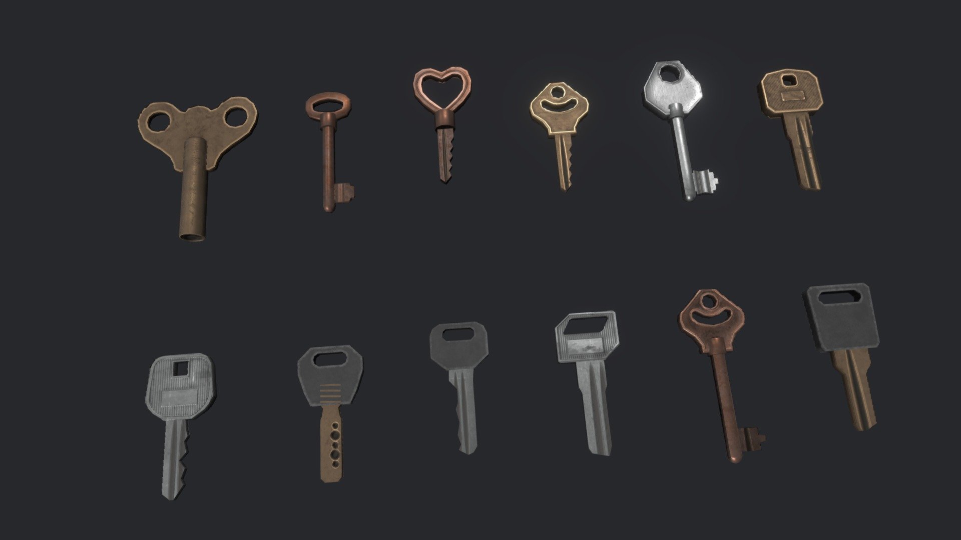 Modular key sets that allows for mixing and matching designs, as well as support for unique designs via trimsheet use!

I had found a bagful of old keys last month and got inspired to make some designs off them. Initially I had wanted to make them uniquely unwrapped, but I realized that it actually has great potential in a modular format. Set includes more than a dozen key head (???) variants as well as more than half a dozen blade variants. 

Modelled in Blender, textures created in Substance Painter, with some help from photoshop for cavity details.

On purchase includes exported FBX modules as well as textures for the 3 material variants (only SpecGloss PBR supported fully, but MetRough textures also included as I have already made them), along with a .blend file that contains the modular mesh set 3d model