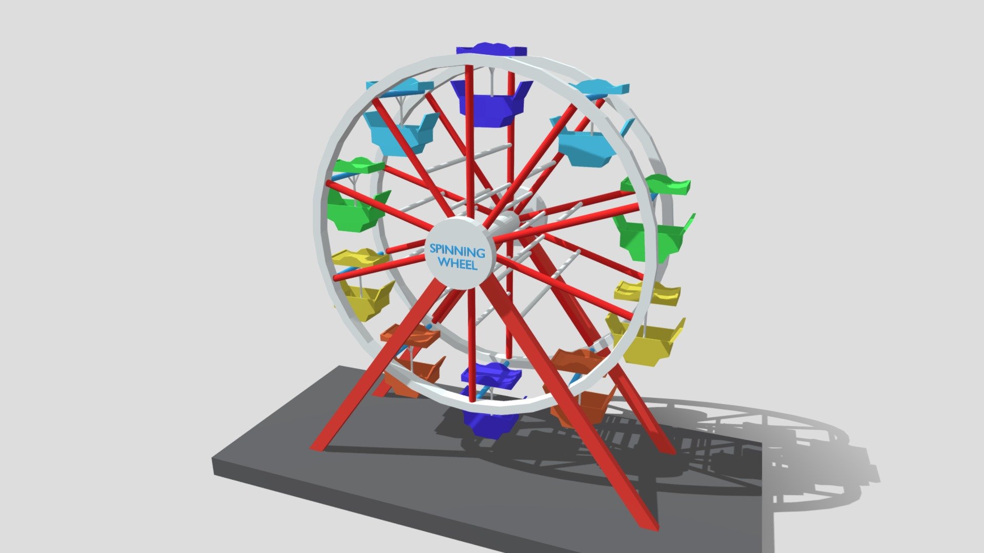 This is a low poly 3D model of a Luna Park Ferris Wheel. The low poly wheel was modeled and prepared for low-poly style renderings, background, general CG visualization presented as a mesh with quads/tris.

Verts : 6.024 Faces: 4.985

The 3D model have simple materials with diffuse colors.

No ring, maps and no UVW mapping is available.

The original file was created in blender. You will receive a 3DS, OBJ, FBX, blend, DAE, Stl.

All preview images were rendered with Blender Cycles. Product is ready to render out-of-the-box. Please note that the lights, cameras, and background is only included in the .blend file. The model is clean and alone in the other provided files, centered at origin and has real-world scale 3d model