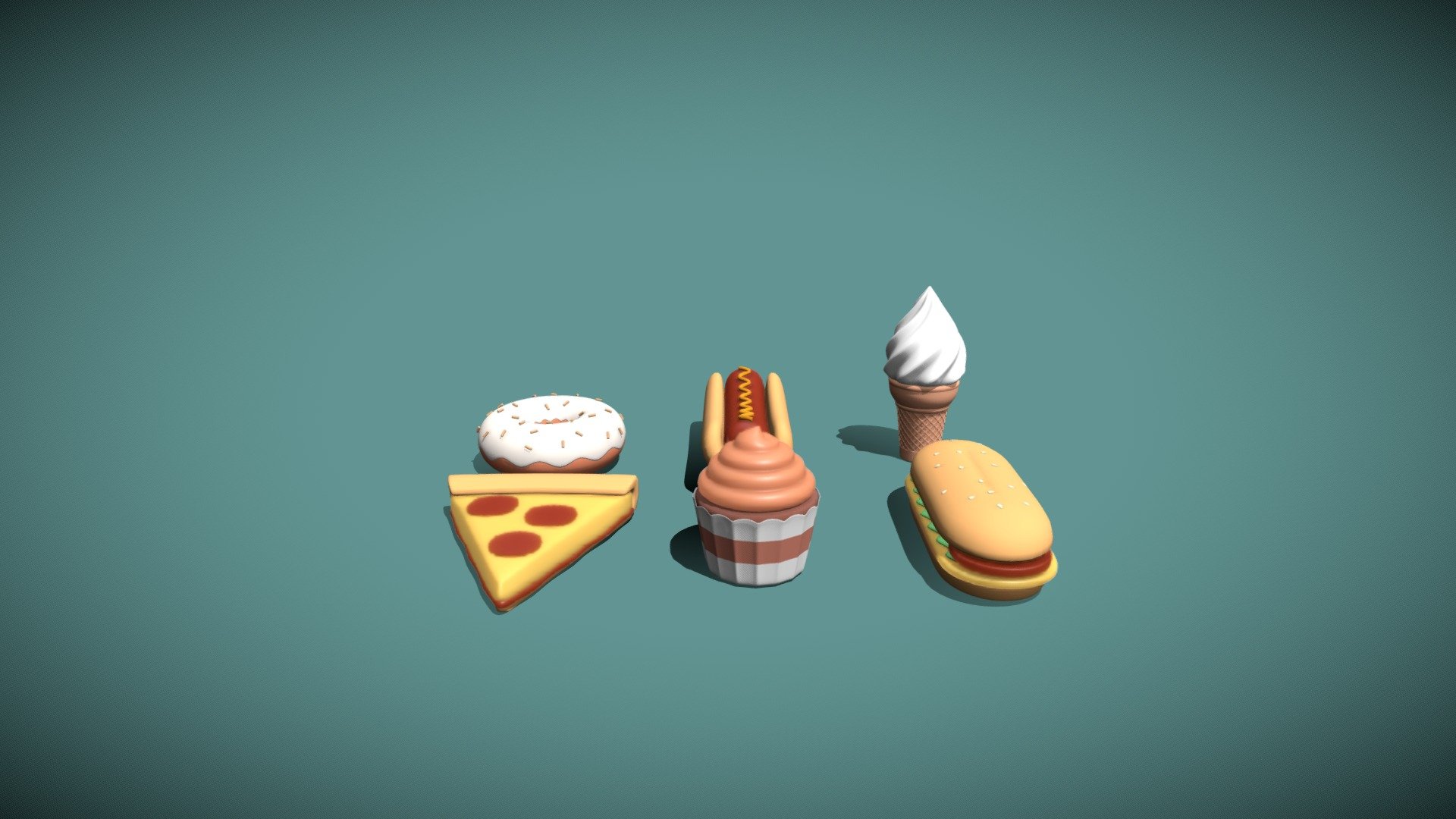 6 Cartoon/emoji food models: Pizza slice, hotdog, sandwich, doughnut, cupcake, icecream.

File formats: FBX, OBJ, Blend - Cartoon food - Buy Royalty Free 3D model by Jacob.Elhatmi 3d model