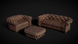 Furniture Set -Leather Sofa, Armchair, Pouffe LP victorian, style, armchair, vintage, fashion, retro, indoor, ottoman, furniture, chesterfield, cough, armchair-furniture, leather-couch, leather-chair, furniture-home, solspec, furniture-game-gameasset, quilted, low-poly, lowpoly, chair, design, leather-sofa, leather-pouffe