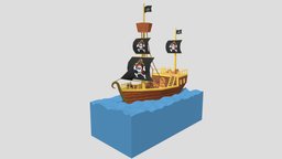 Pirate Ship on Ocean barrel, ocean, water, box, pirateship, lowpoly, ship, wood, sea, pirates, boat
