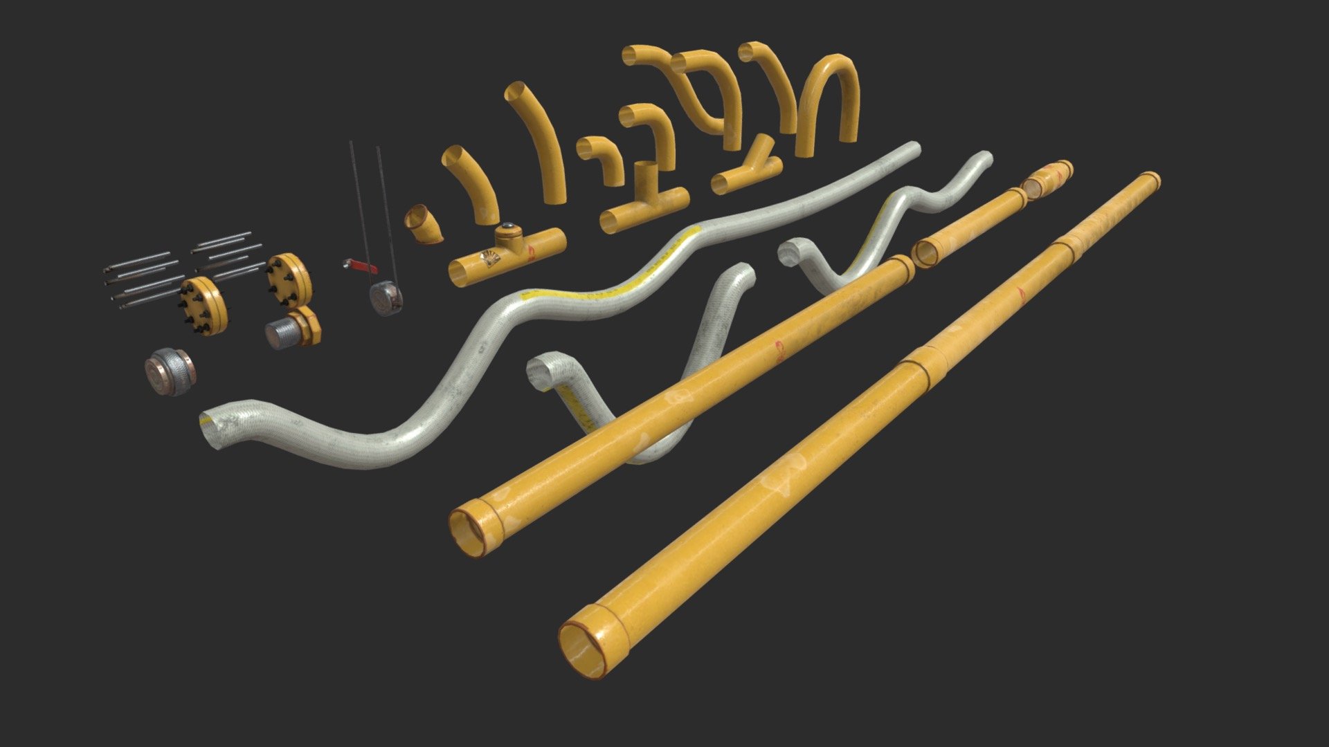 This modular pipes asset pack including 27 individual set Ø10 pipes with 4 LODs and colliders to get a good optimization. All elements can easily be positioned together by moving in 10cm increments. Also, this pack includes 37 pre-assembled sets to allow you to speed up your assemblies. 



INDIVIDUAL SETS INCLUDE :




4 elbow 90°

3 elbow 45°

1 U pipe

1 S pipe

2 T pipes

1 Y pipe

4 straight pipes

3 flexible pipes

2 screw joints

1 mounting bracket

1 handle valve

2 end of pipes

2 threaded rod sets

SPECIFICATIONS




Objects : 64

Polygons : 4975

GAME SPECS




LODs : Yes (inside FBX for Unity &amp; Unreal)

Numbers of LODs : 4

Collider : Yes

Lightmap UV : No

EXPORTED FORMATS




FBX

Collada

OBJ

TEXTURES




Materials in scene : 1

Textures sizes : 4K

Textures types : Base Color, Metallic, Roughness, Normal (DirectX &amp; OpenGL), Heigh &amp; AO (also Unity &amp; Unreal workflow maps)

Textures format : TGA &amp; PNG
 - Modular Pipes - Gas Pipeline - Buy Royalty Free 3D model by KangaroOz 3D (@KangaroOz-3D) 3d model