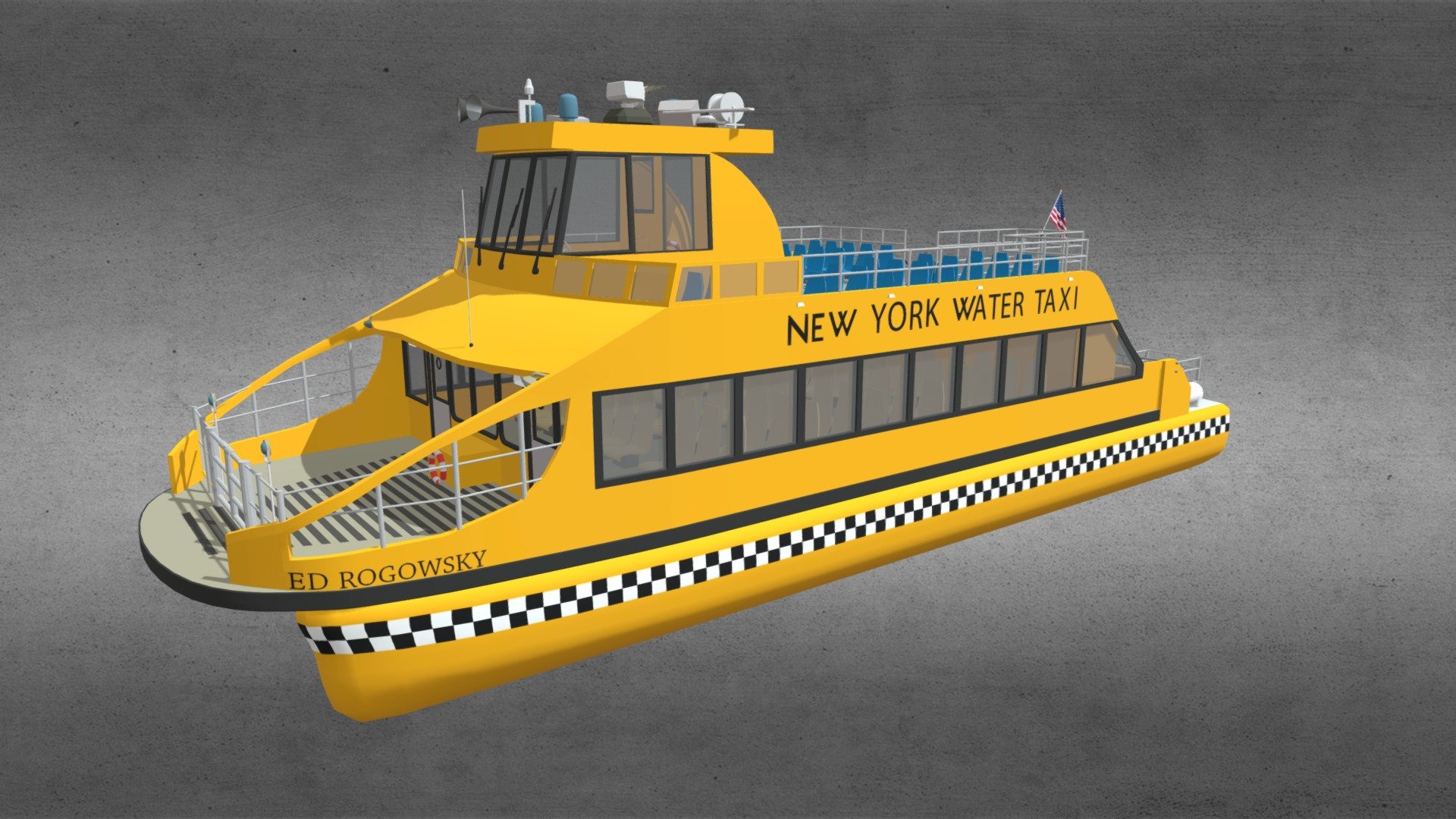 New York Water Taxi 3d model
originally created with 3ds Max 2015 and rendered in Mental Ray.

Total Poly Counts:
Poly Count = 46922
VertexCount =  49988

Please Visit:
https://nuralam3d.blogspot.com/2022/10/new-york-water-taxi-3d-model.html - New York Water Taxi 3d model - 3D model by nuralam018 3d model