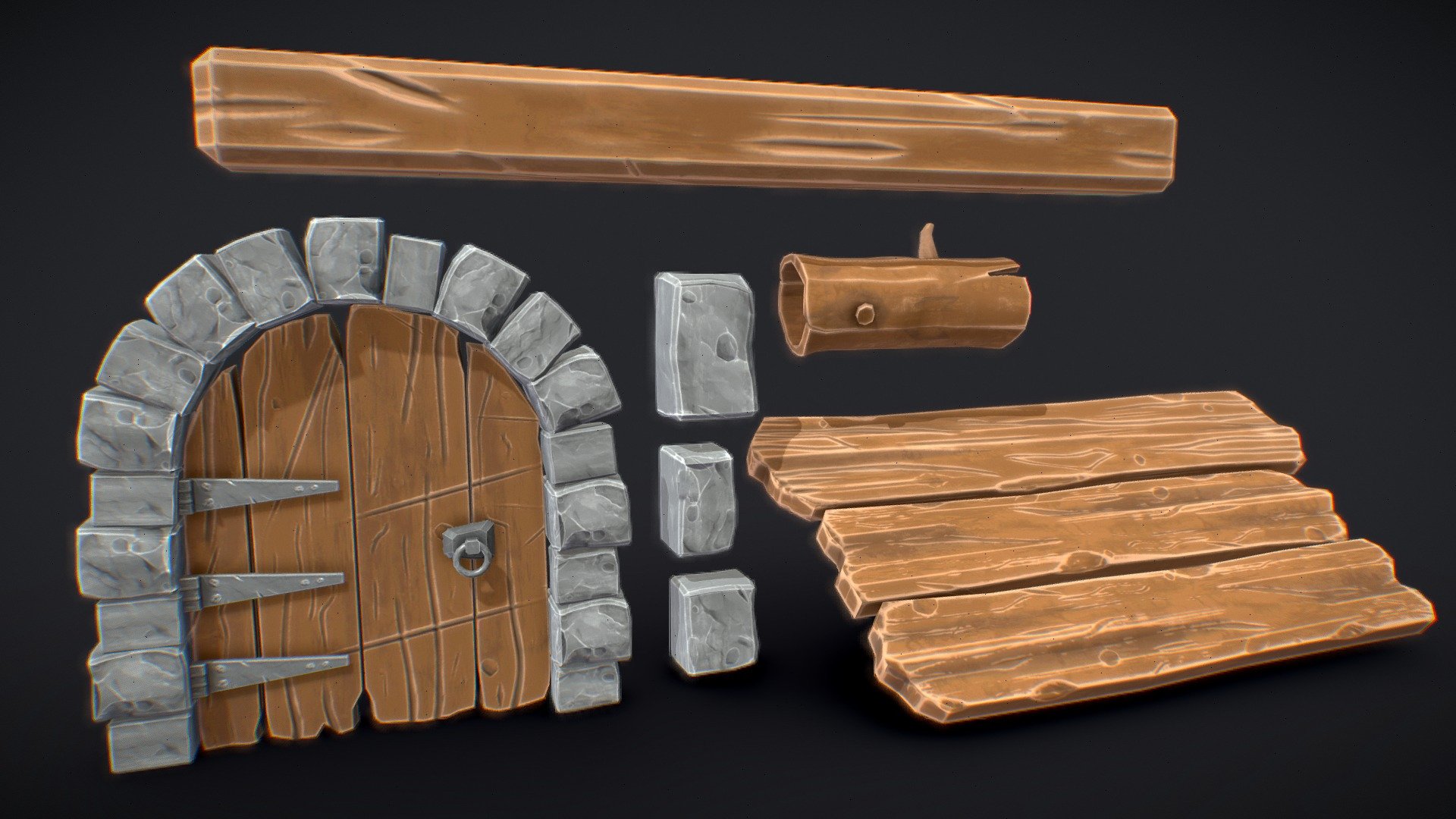 Stylized Game Assets Pack, it is low poly and easily usable in games.

You will get a door, 3 planks, 3 stones, 1 tree trunk and 1 wooden beam.

Sculpted in Zbrush, baked and textured in Substance Painter 3d model