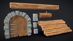 Stylized Game Assets Pack plant, assets, stylised, game-ready, model, stone, wood, stylized, rock, door